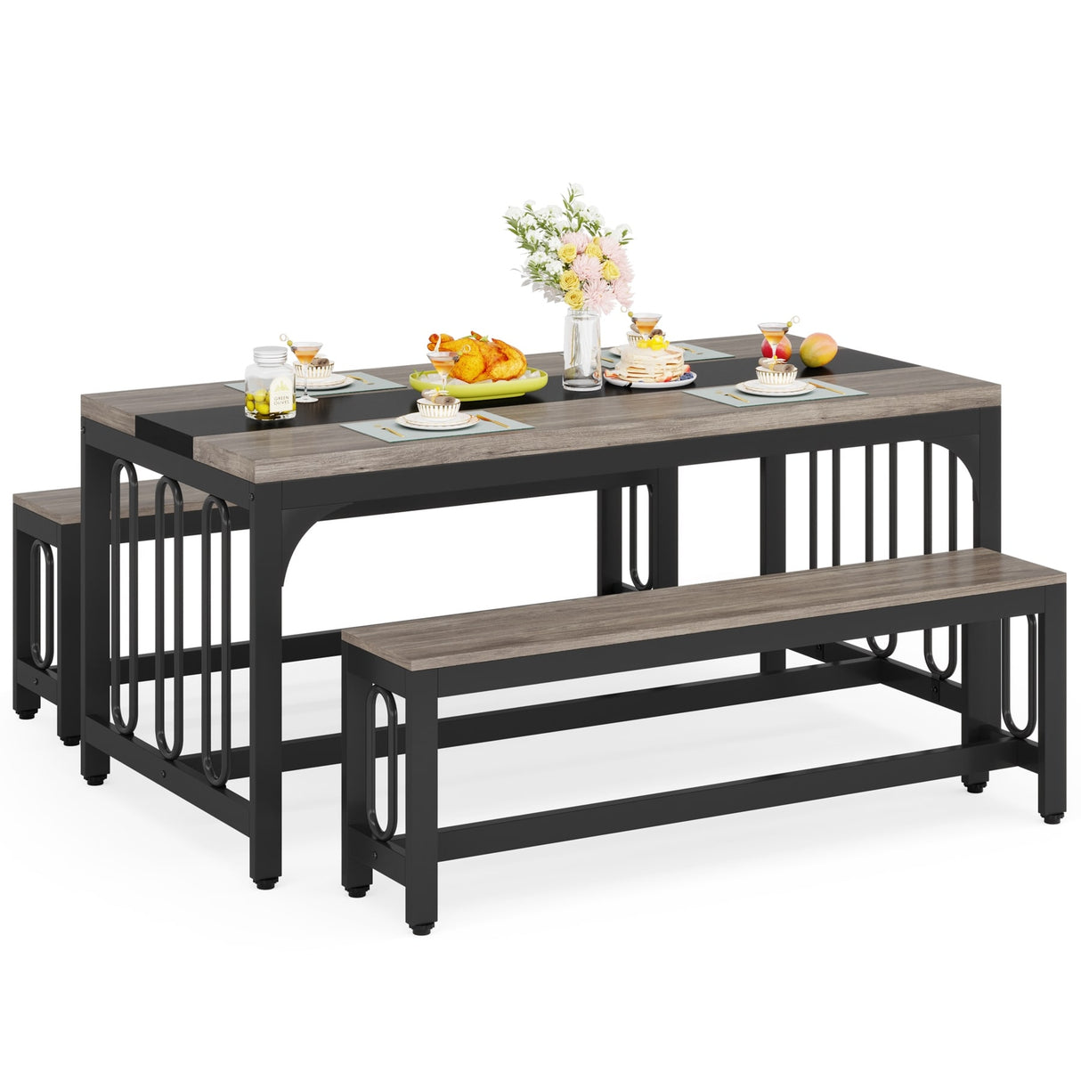 55 Inch Kitchen Table with 2 Benches, Dining Table Set for 4-6