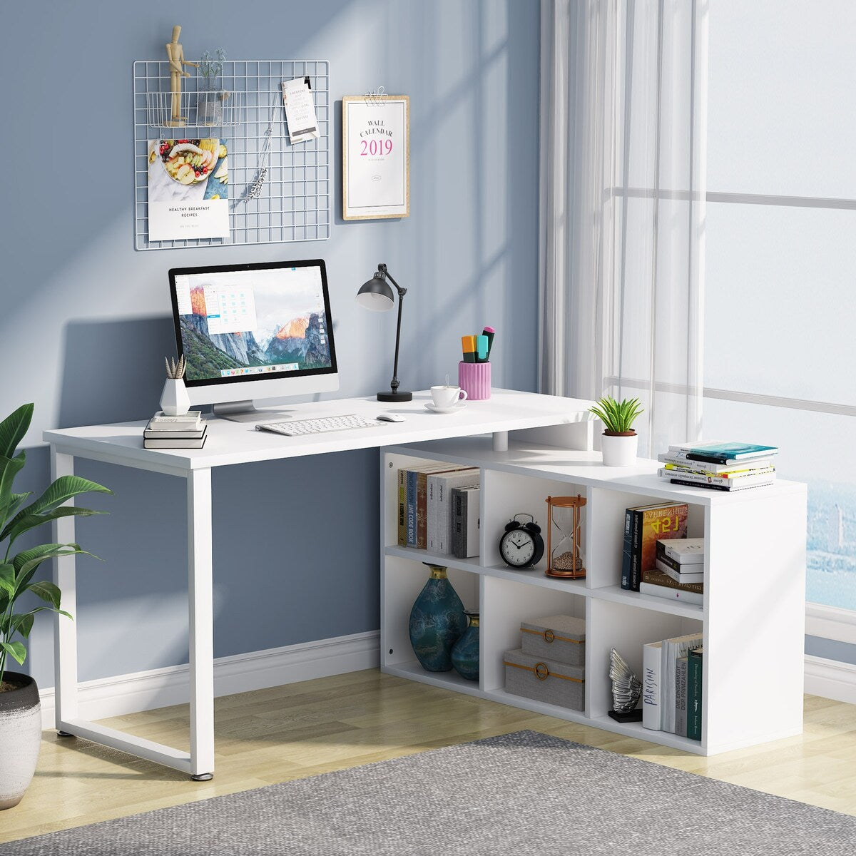 55 Inch L-Shaped Rotating Corner Office Desk with 6 Cabinets,Modern Writing Workstation Table