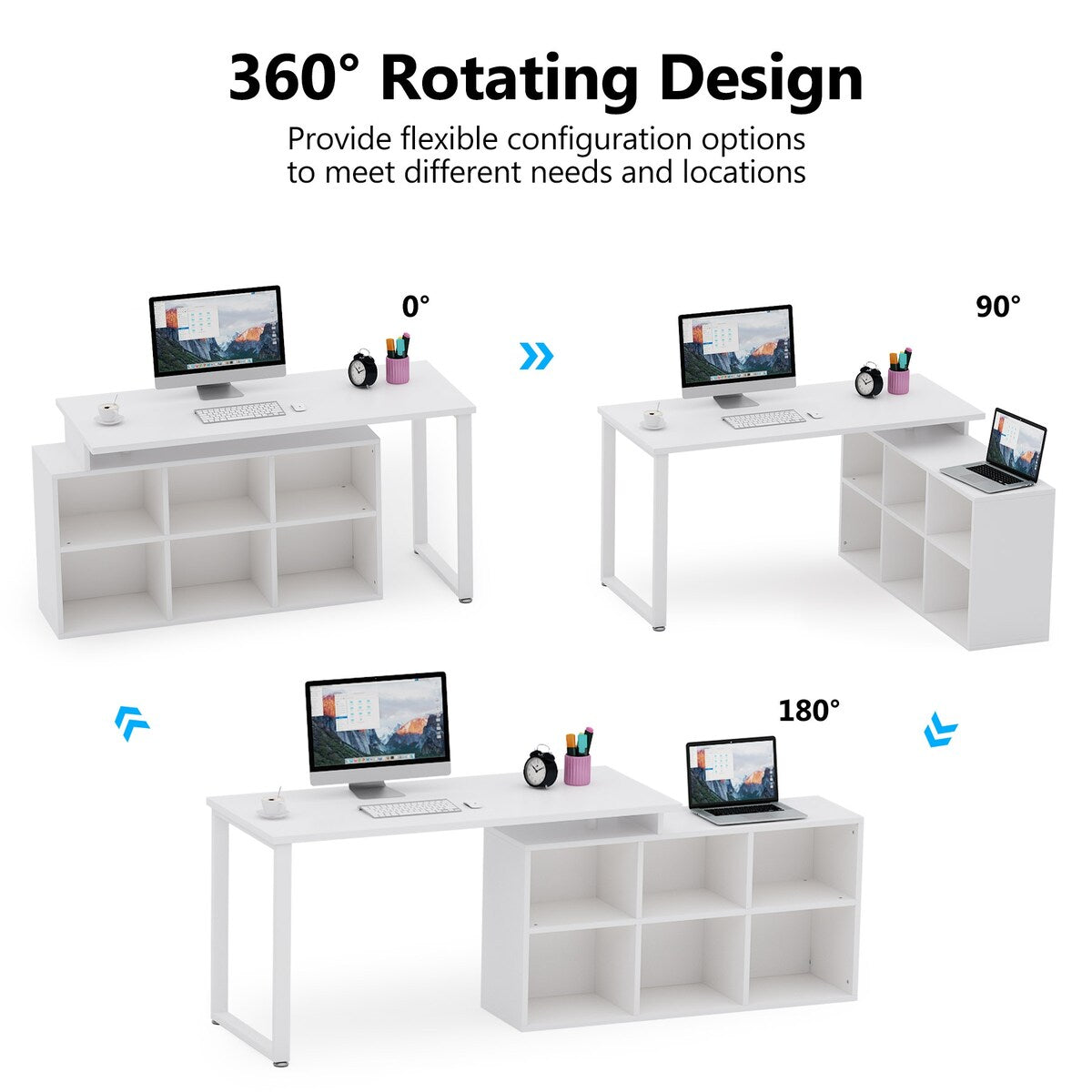 55 Inch L-Shaped Rotating Corner Office Desk with 6 Cabinets,Modern Writing Workstation Table