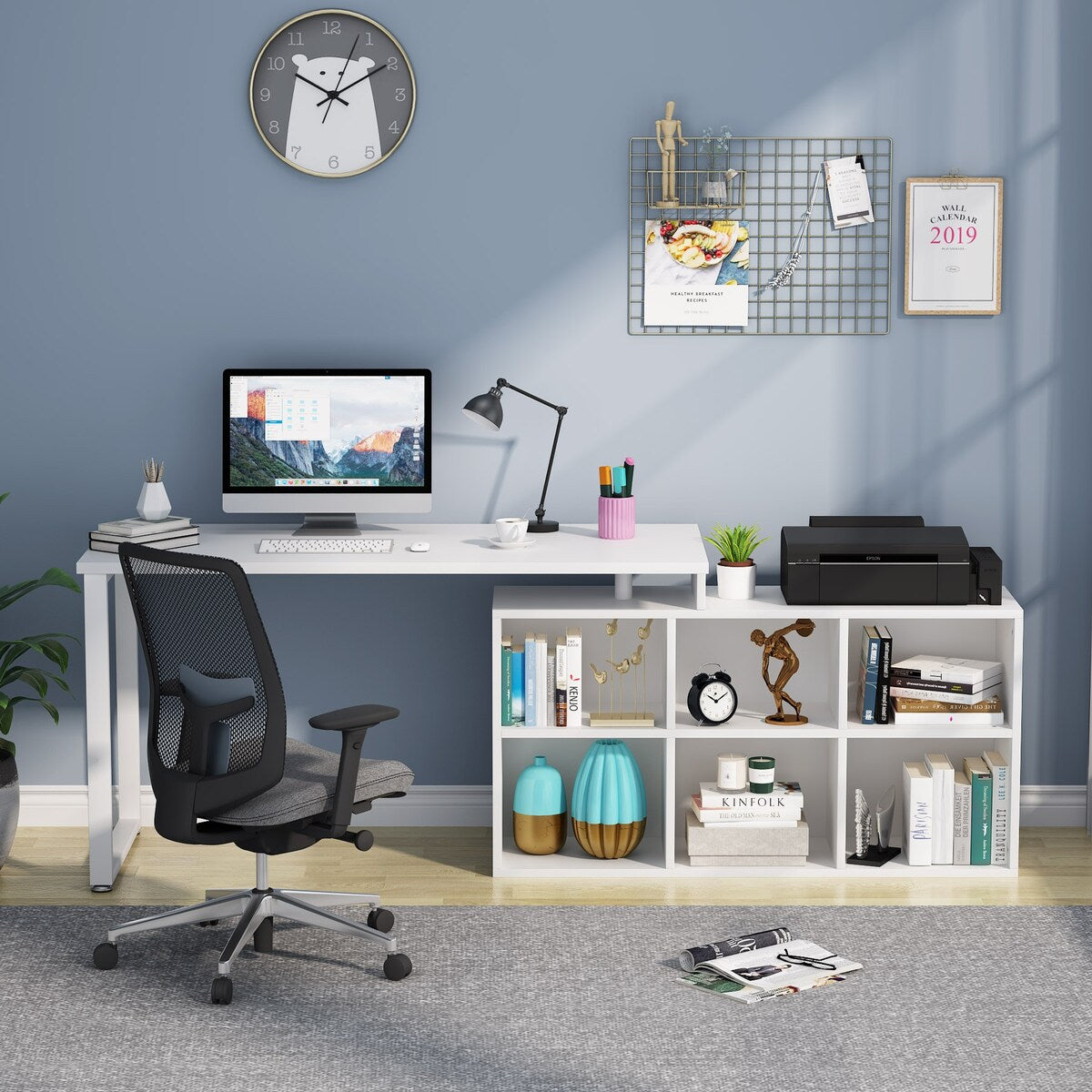 55 Inch L-Shaped Rotating Corner Office Desk with 6 Cabinets,Modern Writing Workstation Table