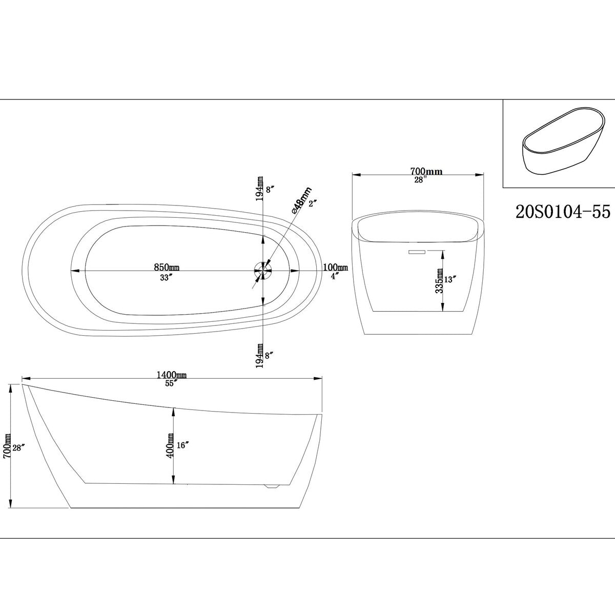 Toolkiss 55 in. Acrylic Flatbottom Bathtub in White
