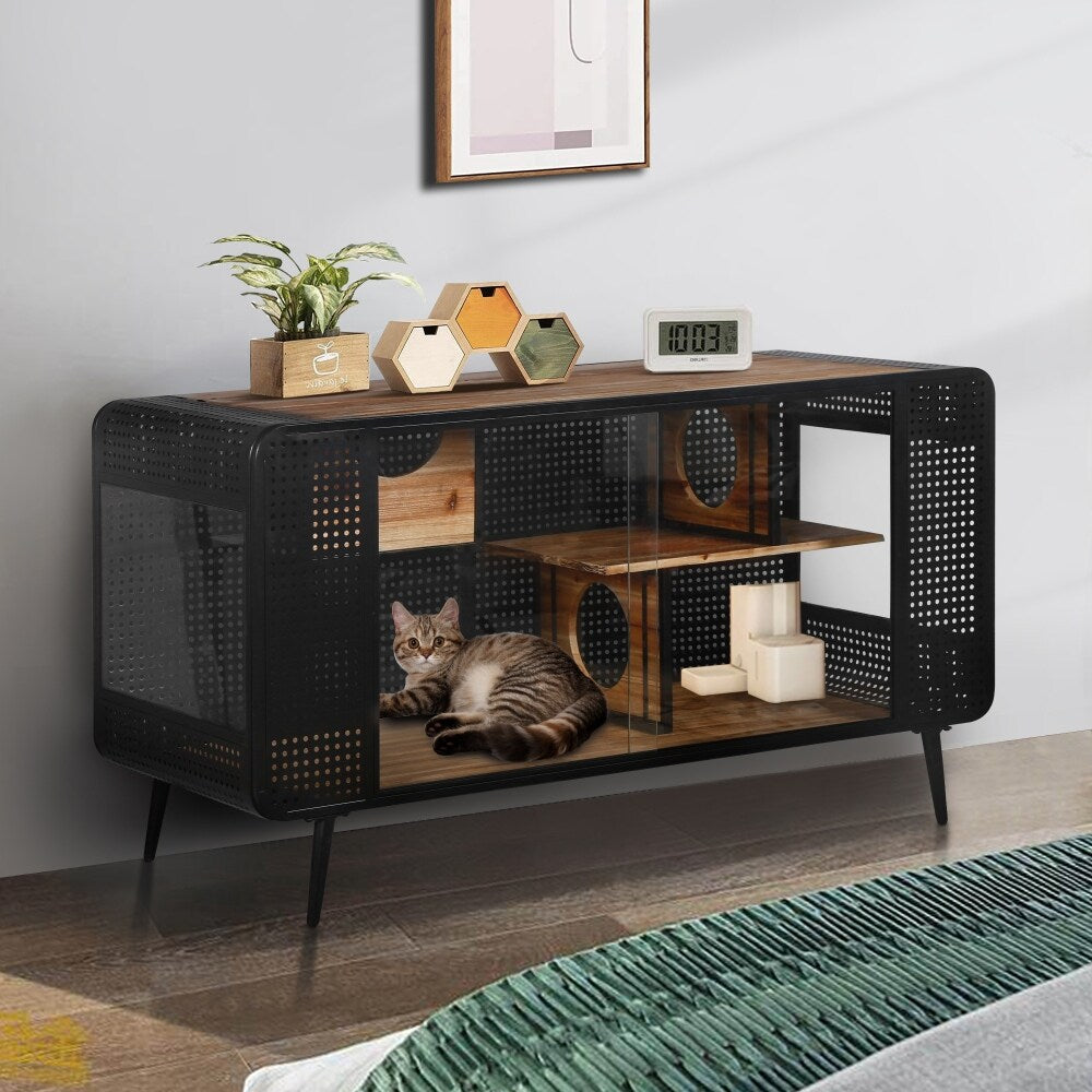 55.12 in Spacious Cat House Tabletop with Tempered Glass with Shelves