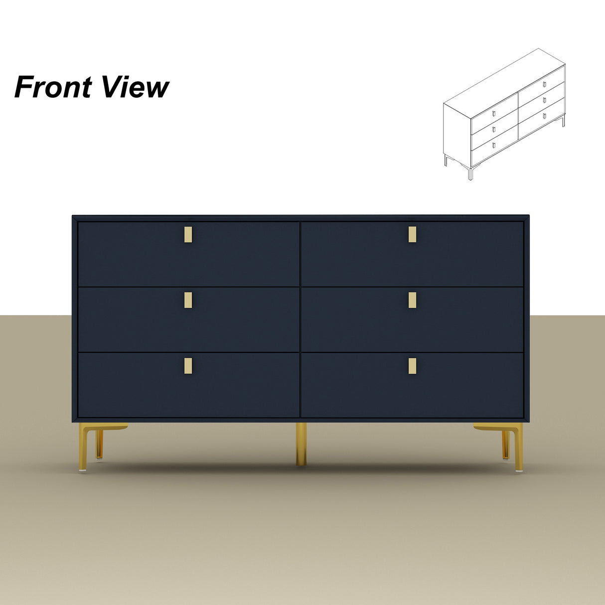 55.1"W 6-Drawer Double Dresser Black Gold Storage Cabinet Chest