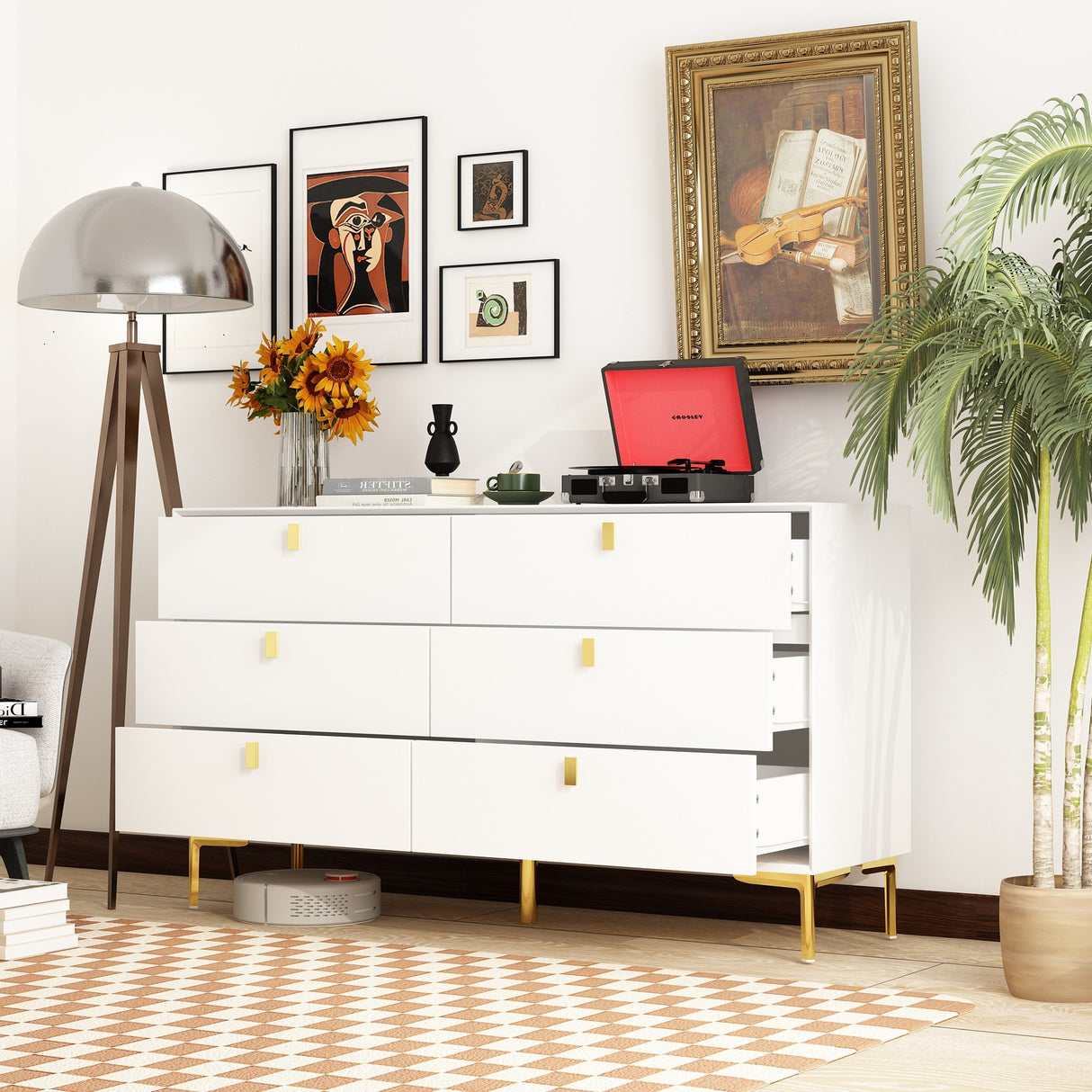 55.1"W 6-Drawer Double Dresser Black Gold Storage Cabinet Chest