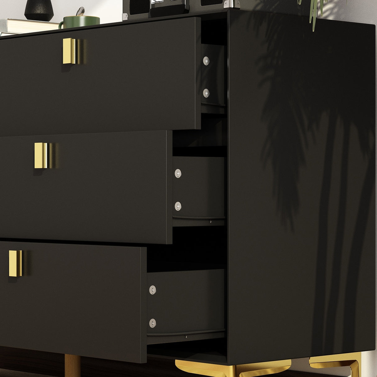 55.1"W 6-Drawer Double Dresser Black Gold Storage Cabinet Chest