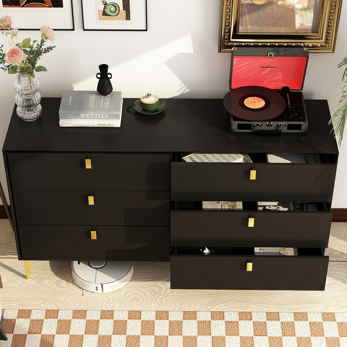 55.1"W 6-Drawer Double Dresser Black Gold Storage Cabinet Chest