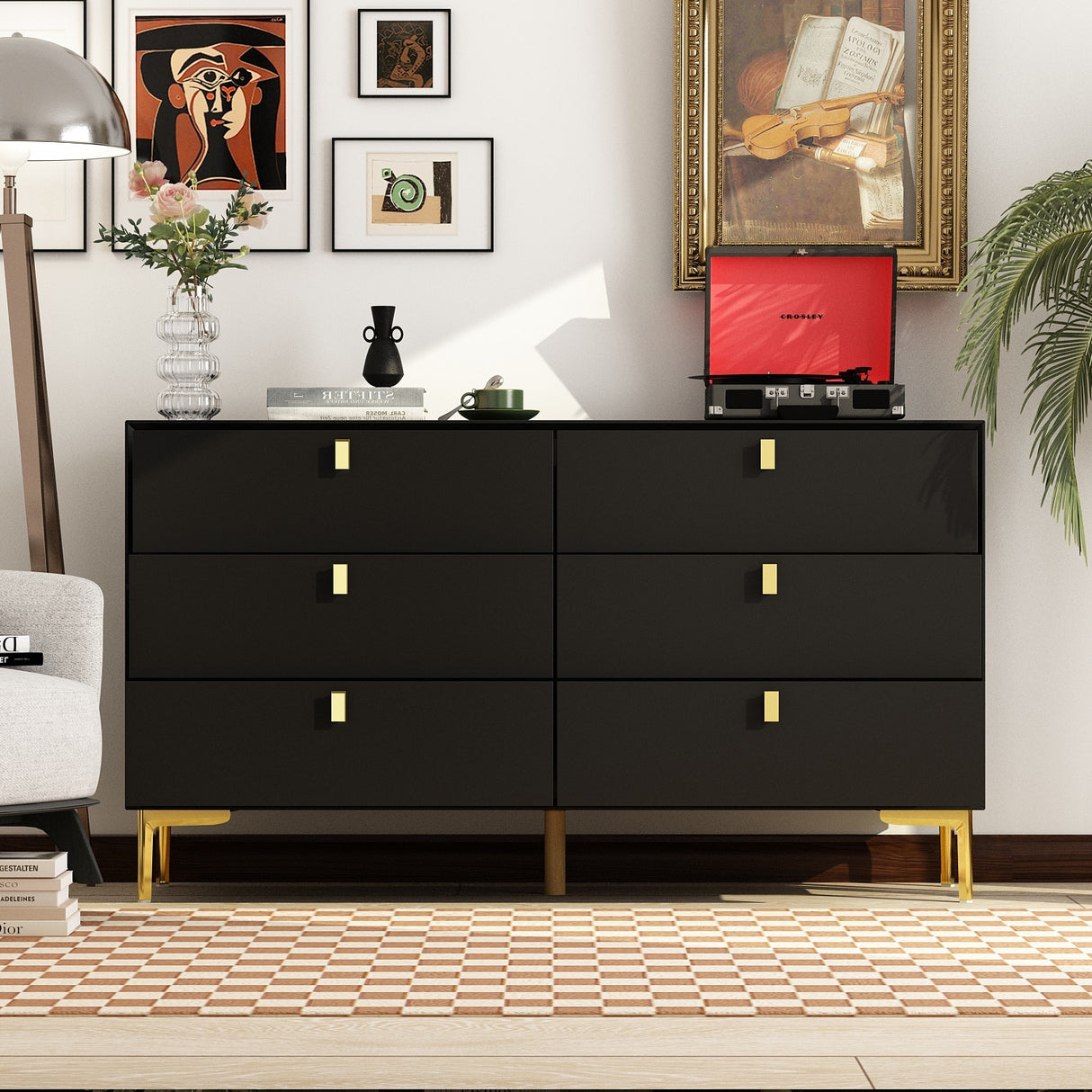 55.1"W 6-Drawer Double Dresser Black Gold Storage Cabinet Chest