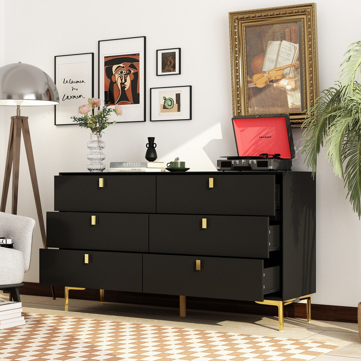 55.1"W 6-Drawer Double Dresser Black Gold Storage Cabinet Chest