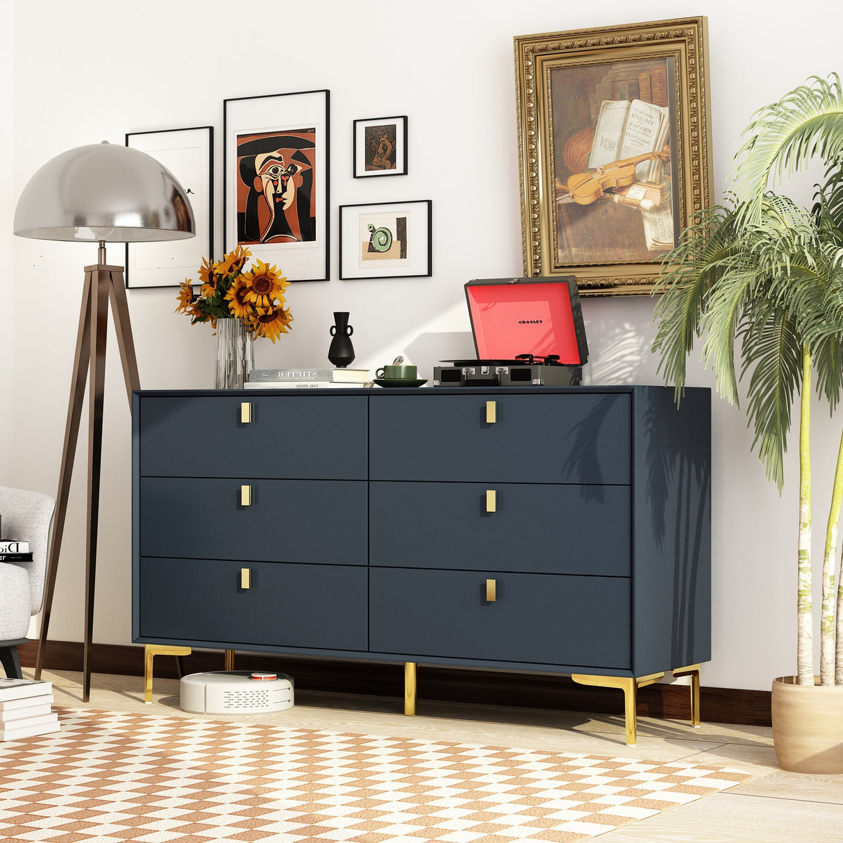 55.1"W 6-Drawer Double Dresser Black Gold Storage Cabinet Chest