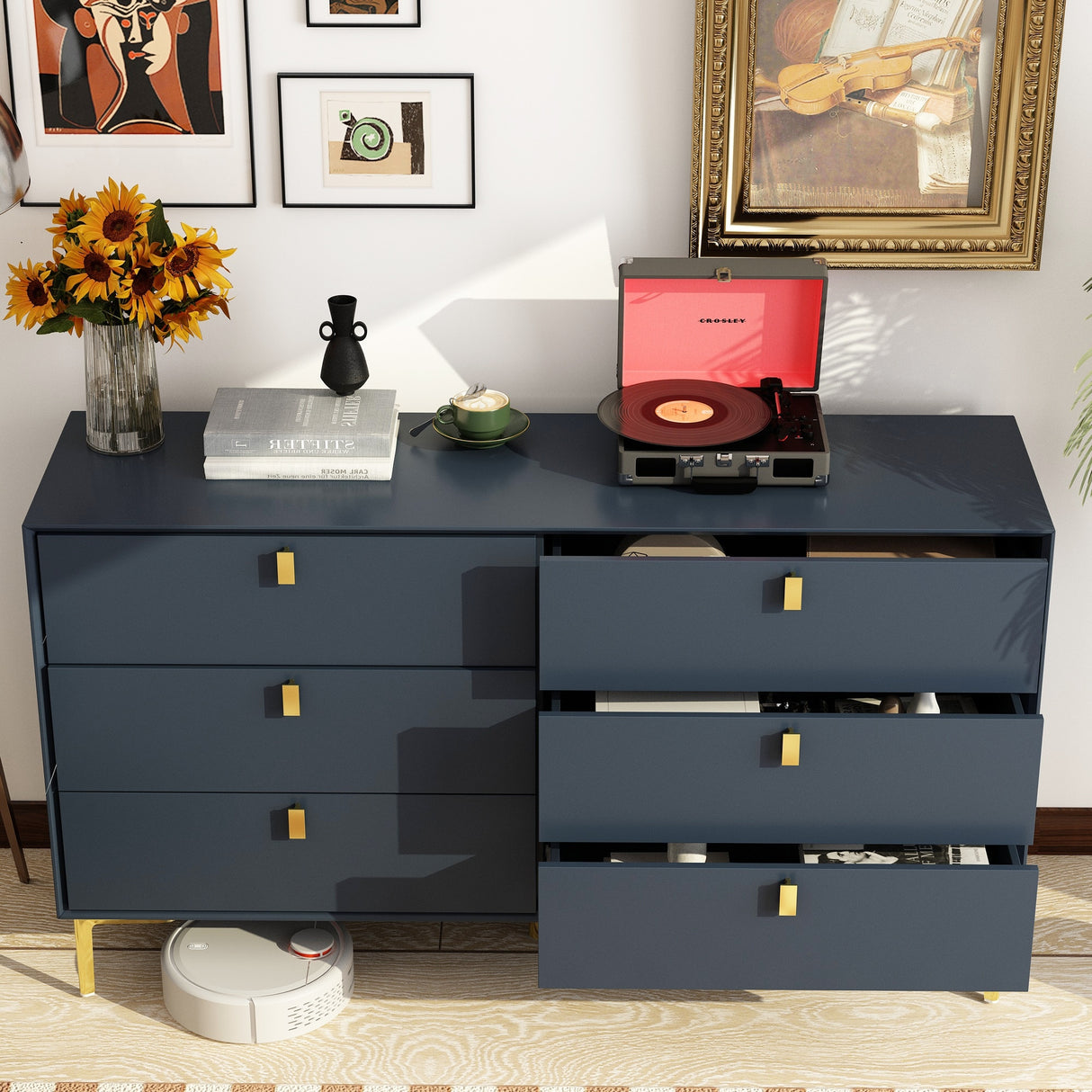 55.1"W 6-Drawer Double Dresser Black Gold Storage Cabinet Chest