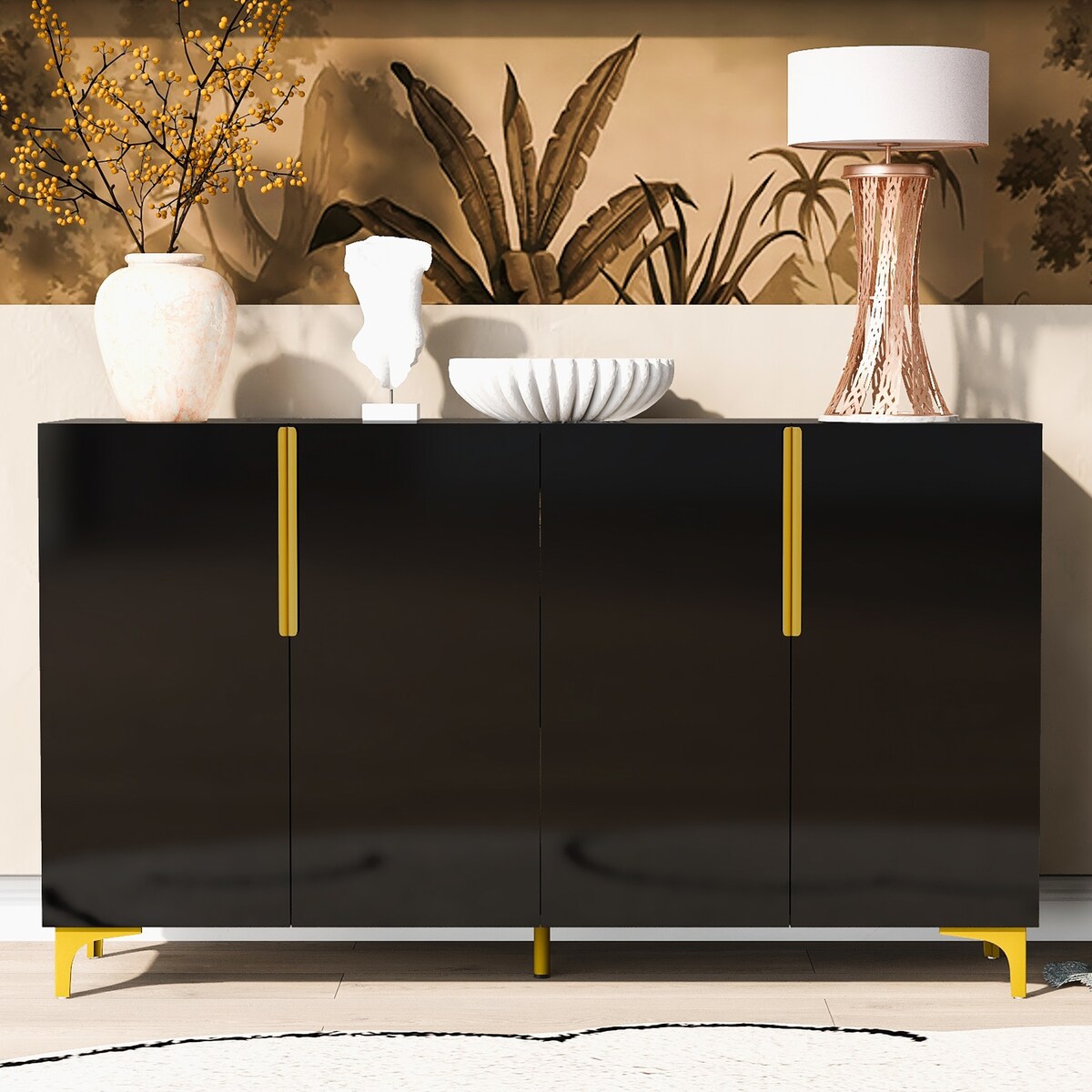 55" Sideboard Storage Cabinet with Adjustable Shelves, Glossy Finish