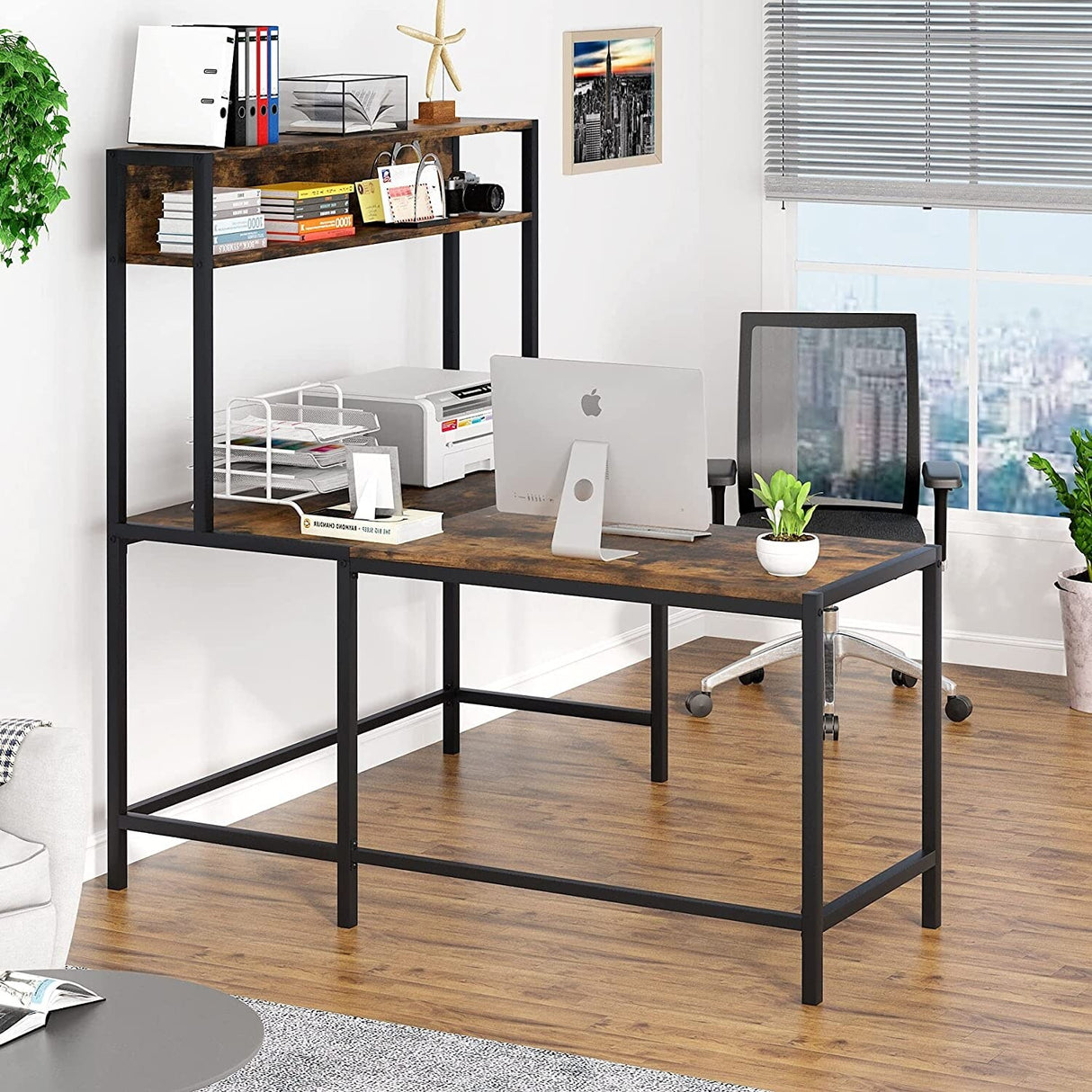 55" L-Shaped Computer Desk, Office Desk Wood Corner Desk with Shelves