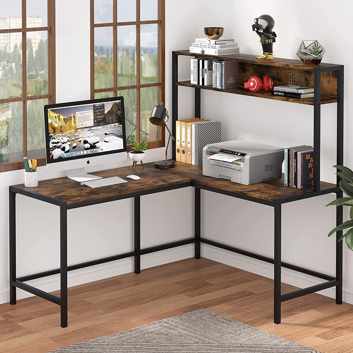 55" L-Shaped Computer Desk, Office Desk Wood Corner Desk with Shelves