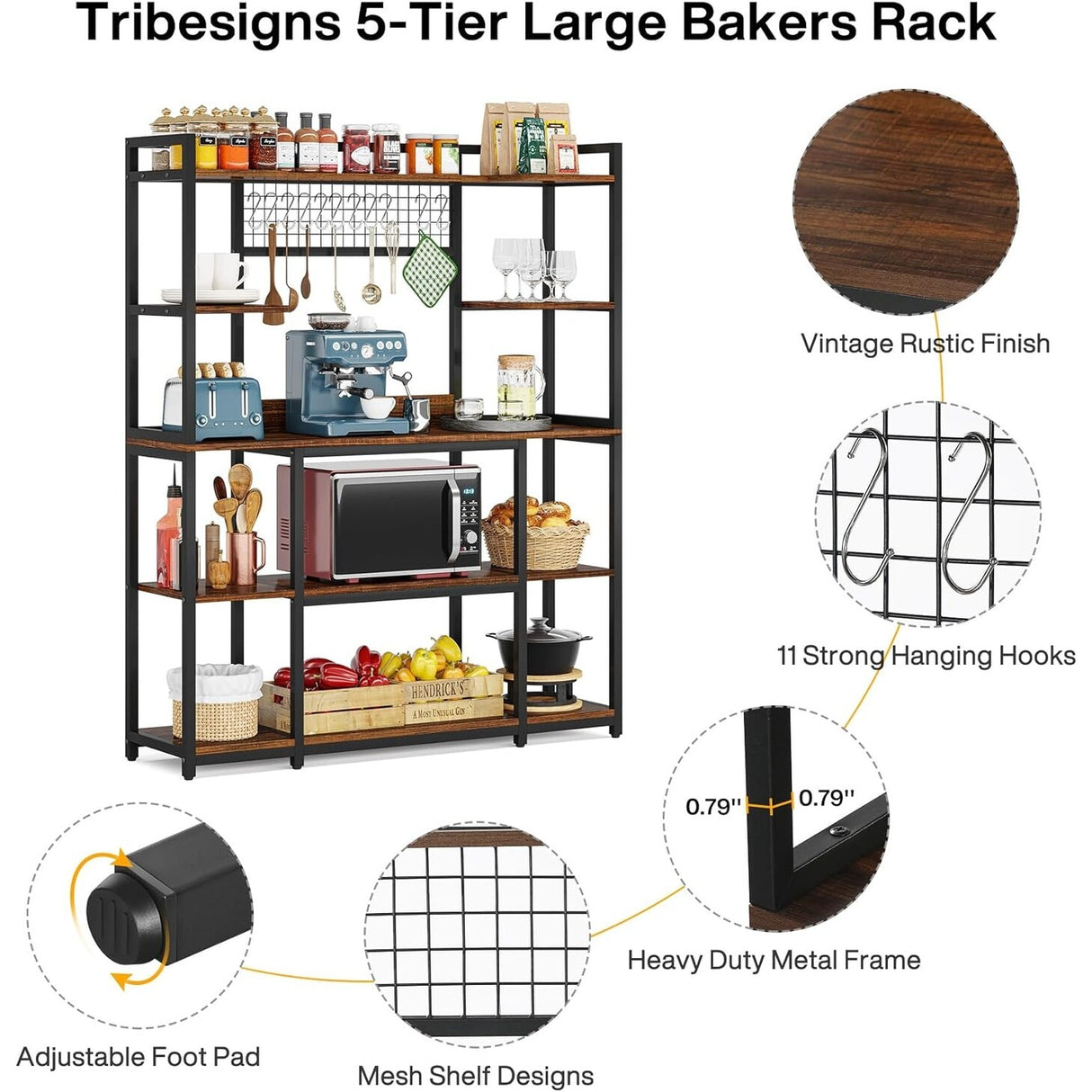 55" Large Bakers Rack, 5 Tiers Kitchen Hutch Microwave Stand