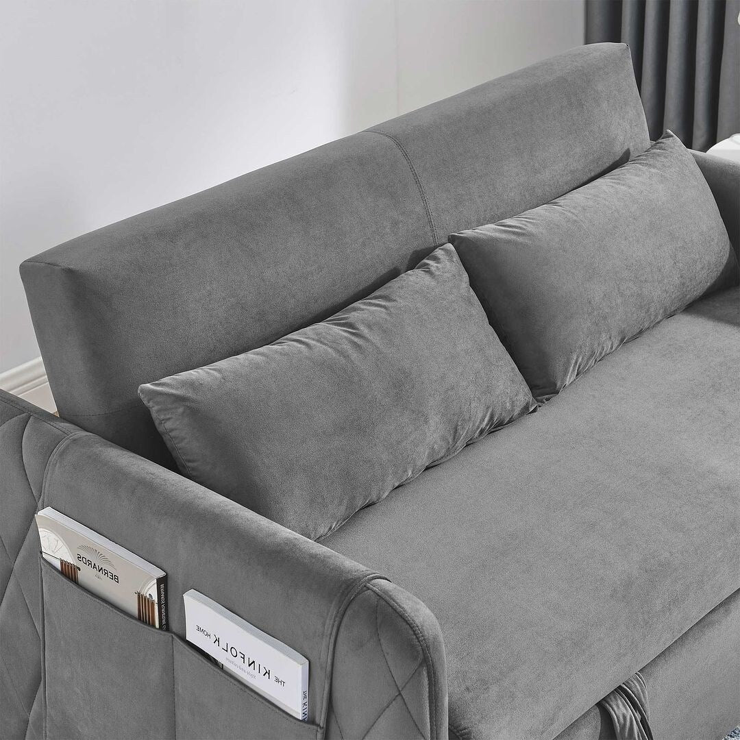 55" Modern Velvet Convertible Sofa Bed with 2 Removable Arm Pockets and 2 Pillows