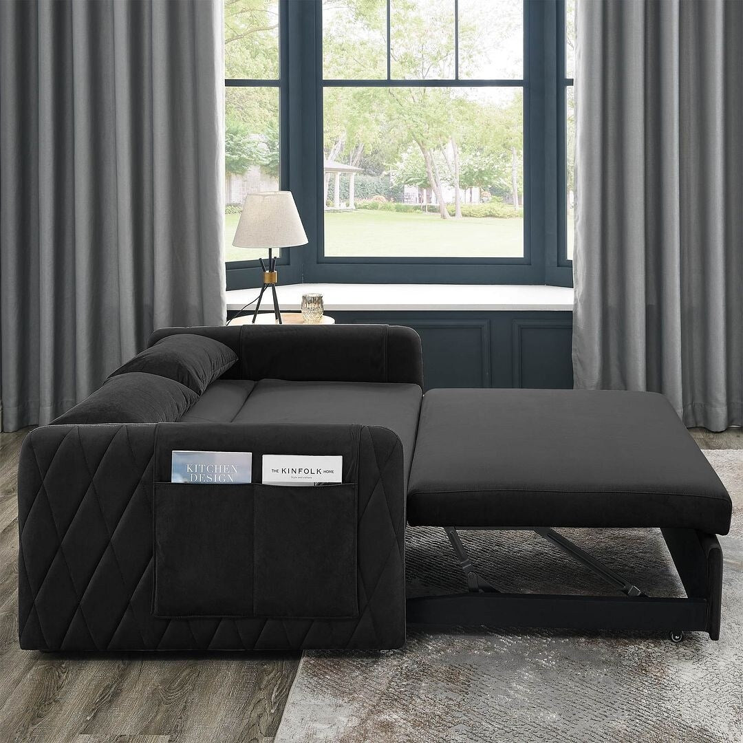 55" Modern Velvet Convertible Sofa Bed with 2 Removable Arm Pockets and 2 Pillows