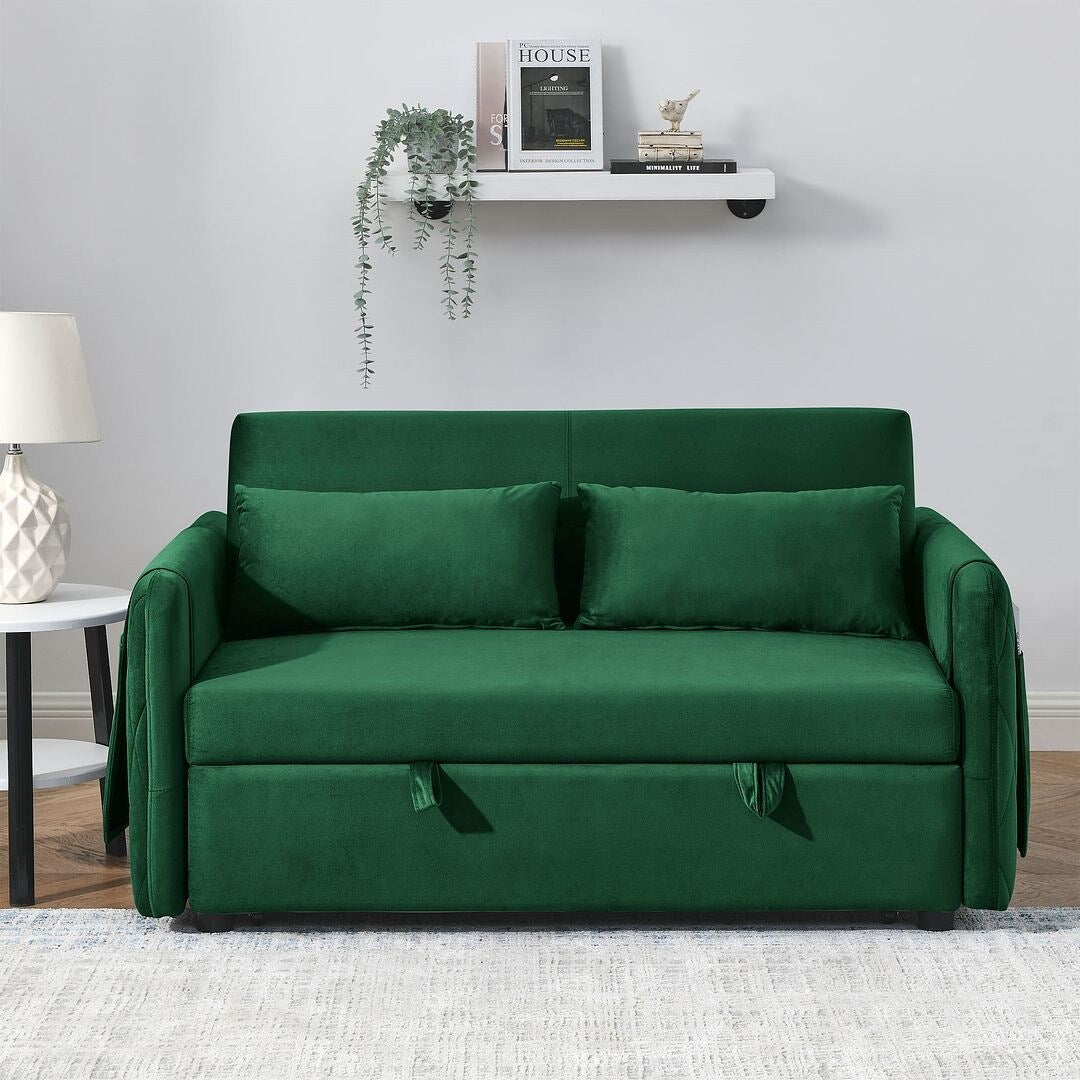55" Modern Velvet Convertible Sofa Bed with 2 Removable Arm Pockets and 2 Pillows