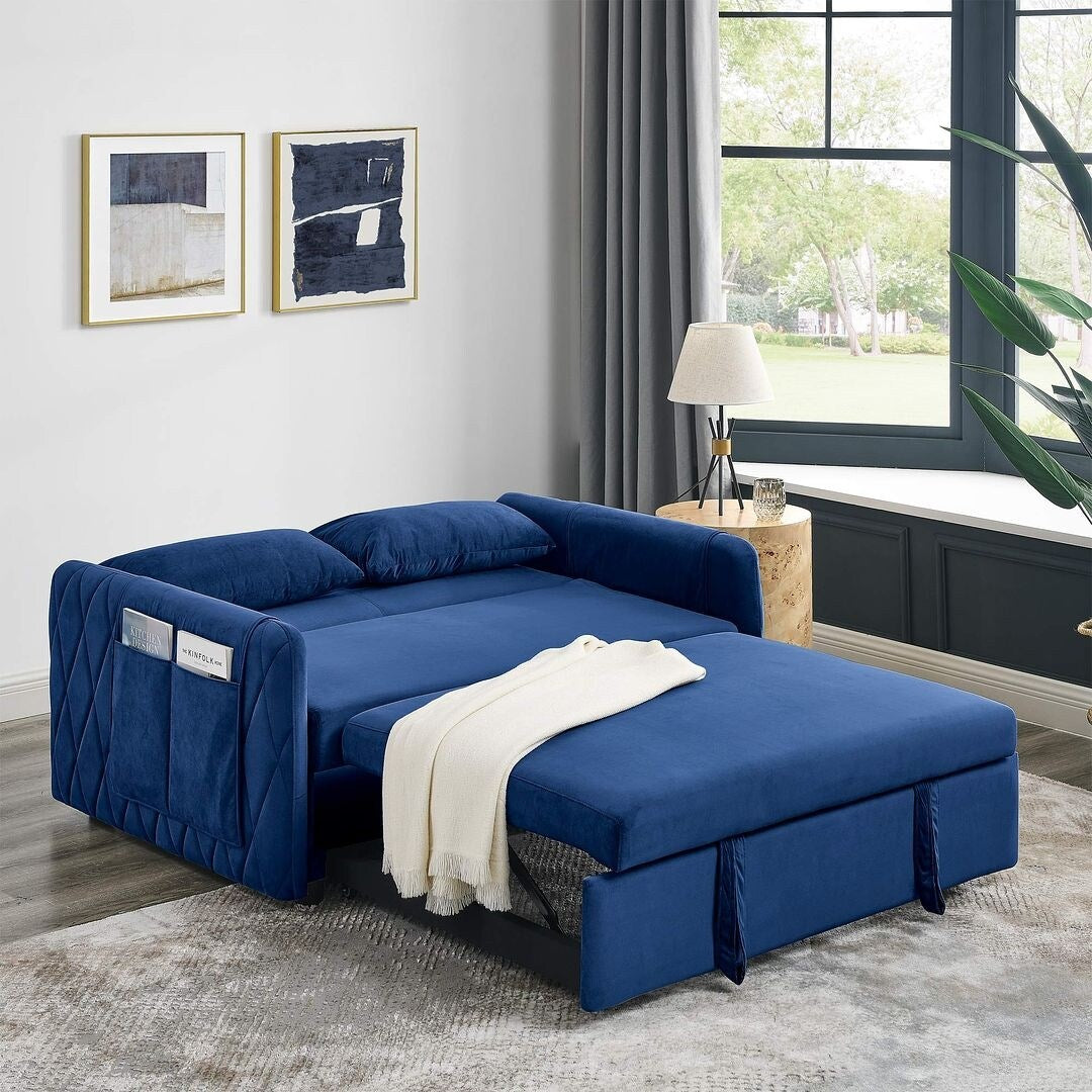 55" Modern Velvet Convertible Sofa Bed with 2 Removable Arm Pockets and 2 Pillows