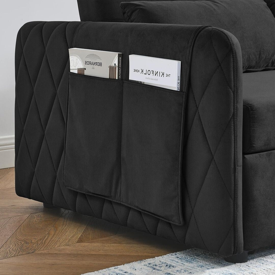 55" Modern Velvet Convertible Sofa Bed with 2 Removable Arm Pockets and 2 Pillows