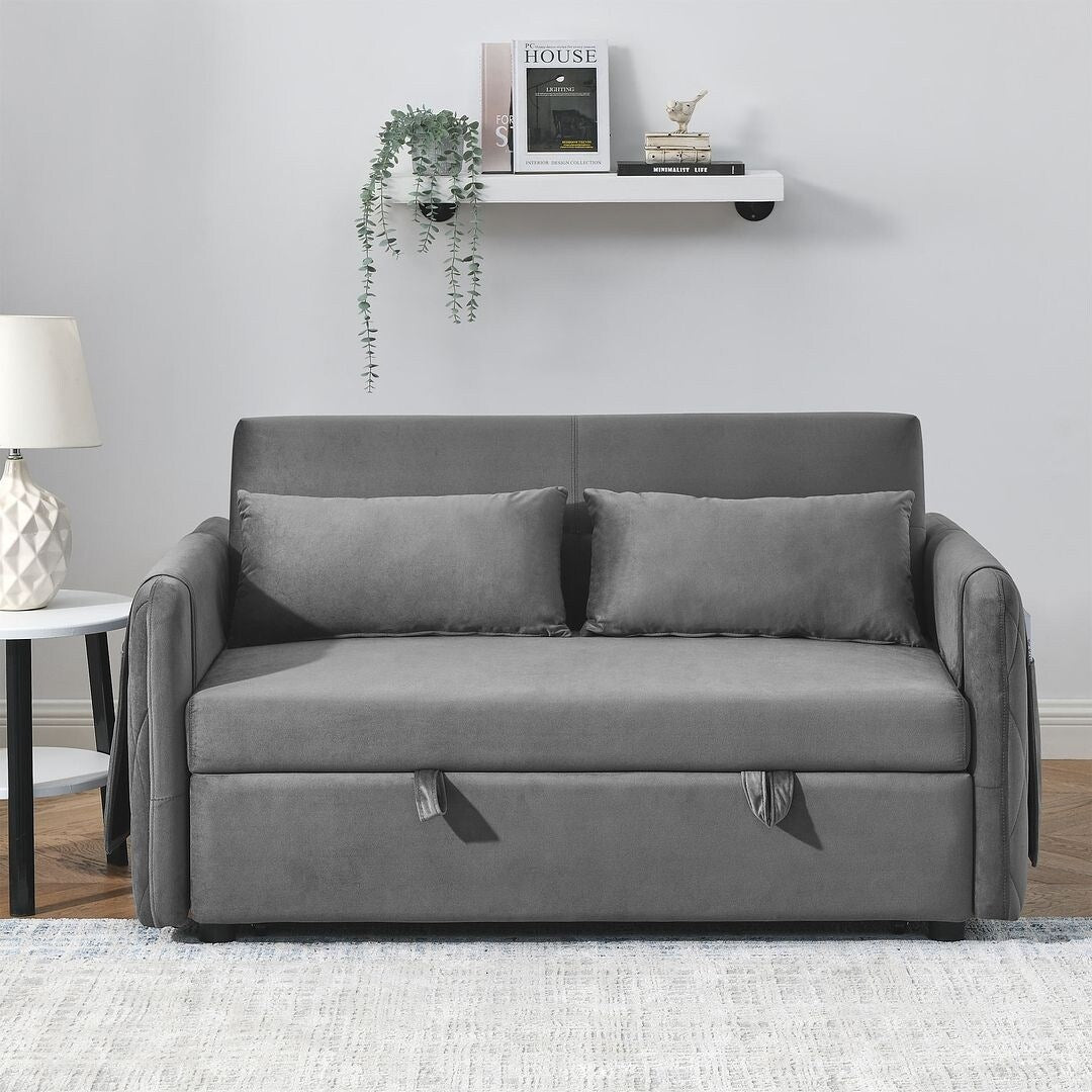 55" Modern Velvet Convertible Sofa Bed with 2 Removable Arm Pockets and 2 Pillows