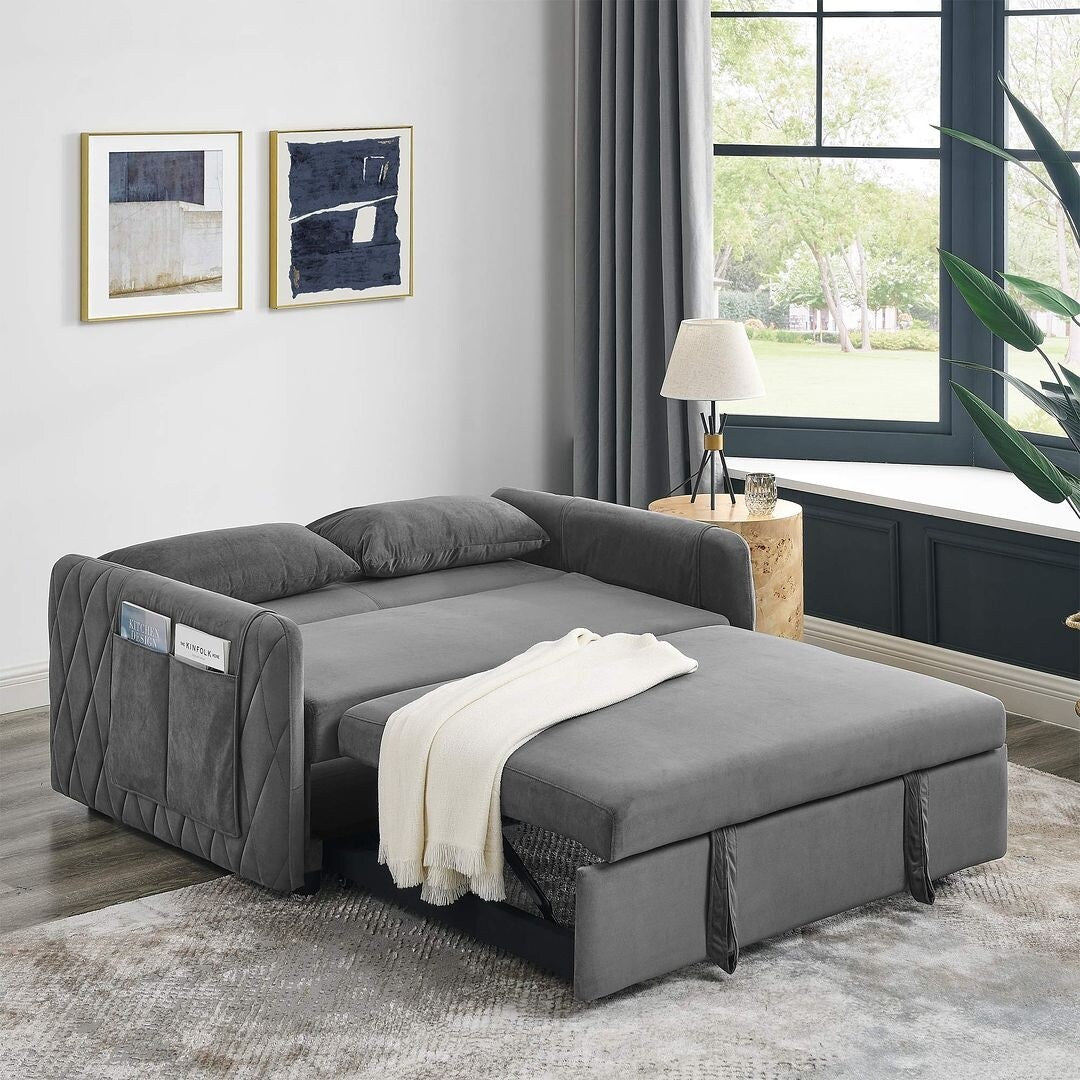 55" Modern Velvet Convertible Sofa Bed with 2 Removable Arm Pockets and 2 Pillows