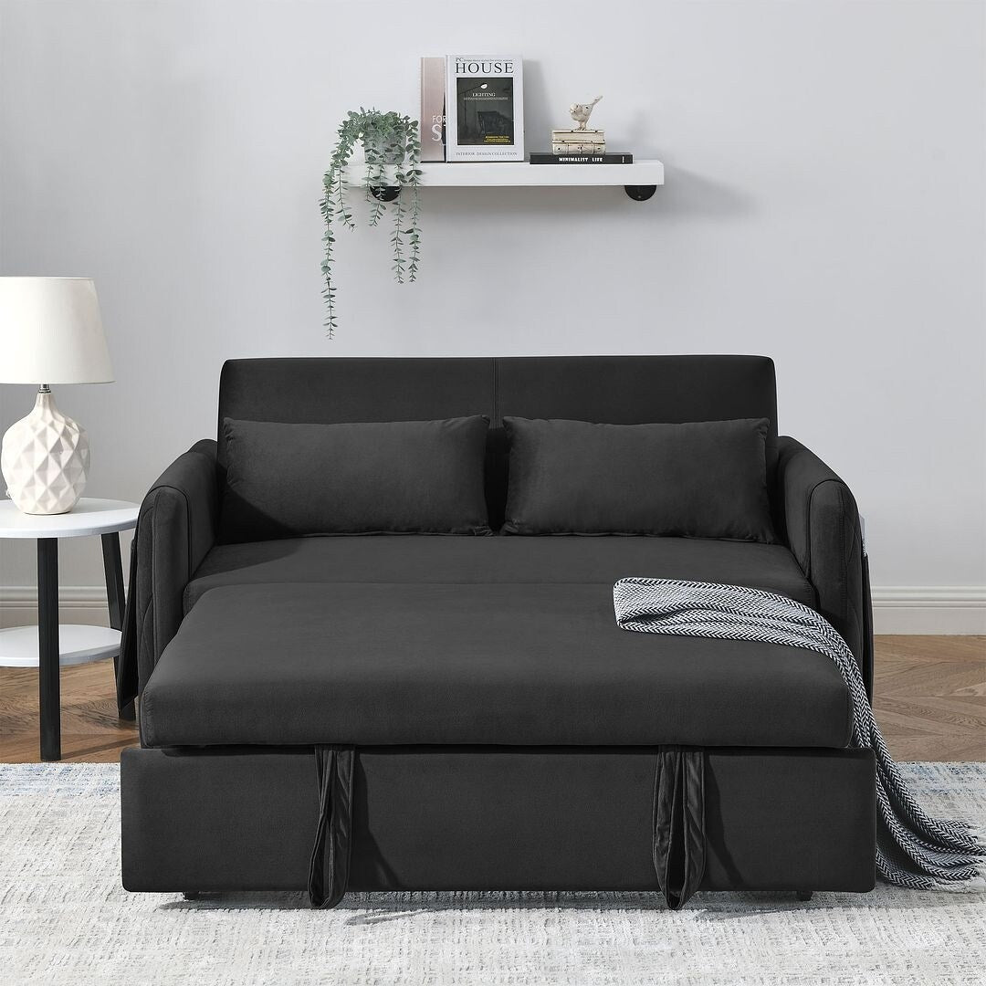 55" Modern Velvet Convertible Sofa Bed with 2 Removable Arm Pockets and 2 Pillows