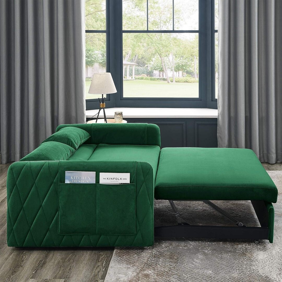 55" Modern Velvet Convertible Sofa Bed with 2 Removable Arm Pockets and 2 Pillows