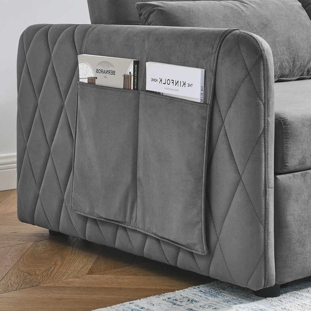 55" Modern Velvet Convertible Sofa Bed with 2 Removable Arm Pockets and 2 Pillows