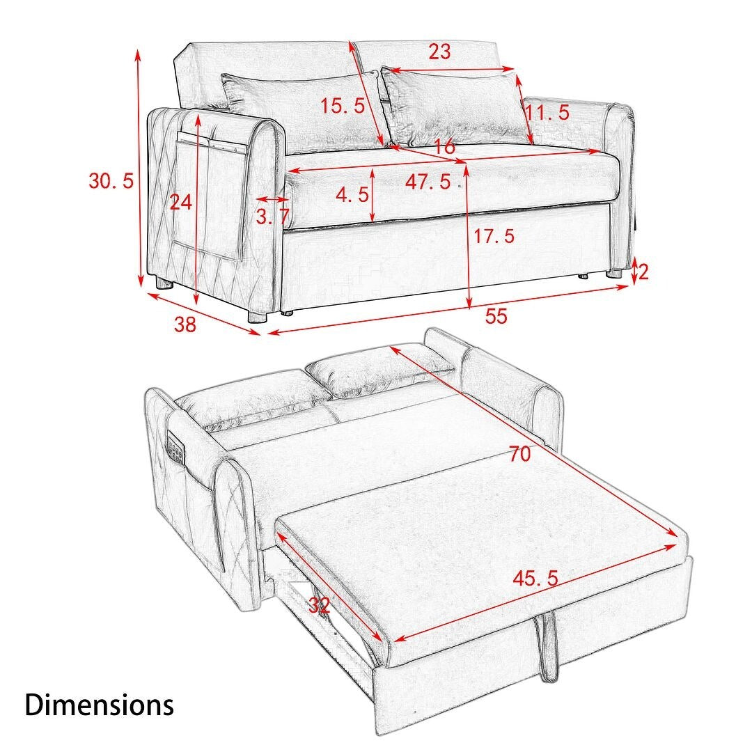 55" Modern Velvet Convertible Sofa Bed with 2 Removable Arm Pockets and 2 Pillows