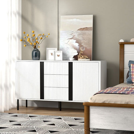 55"W Storage Cabinet with Drawers, Wood Buffet Sideboard with Adjustable Shelf, white Large Cupboard