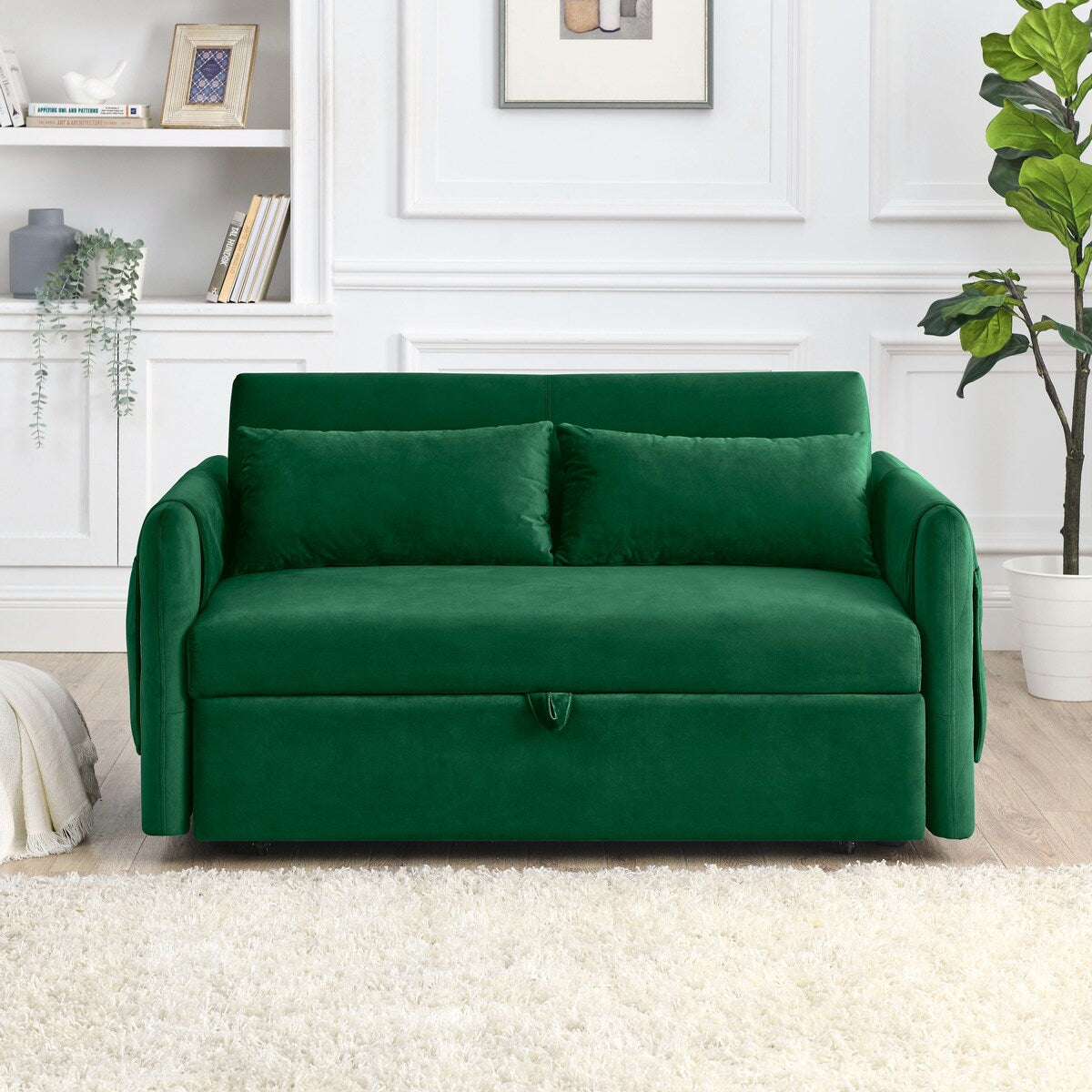 55"W Velvet Loveseat Sofa Bed with Pockets, Adjustable Backrest