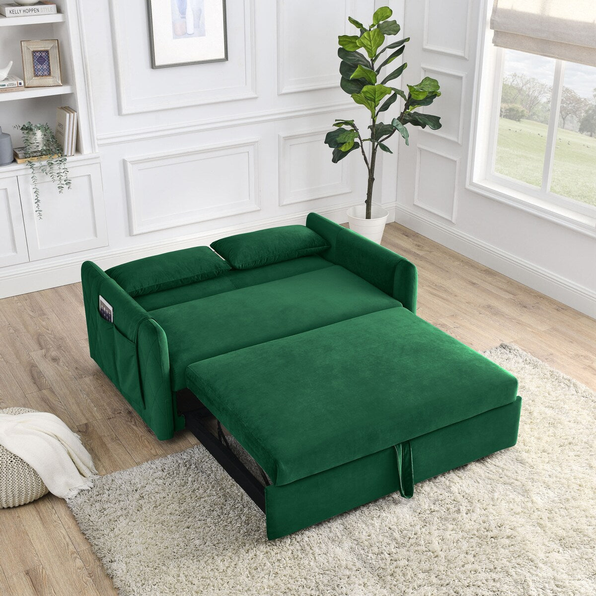 55"W Velvet Loveseat Sofa Bed with Pockets, Adjustable Backrest