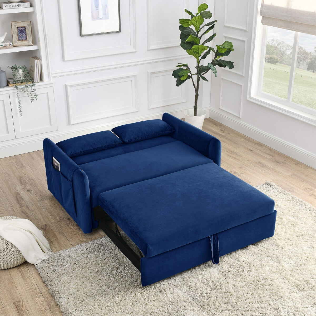 55"W Velvet Loveseat Sofa Bed with Pockets, Adjustable Backrest