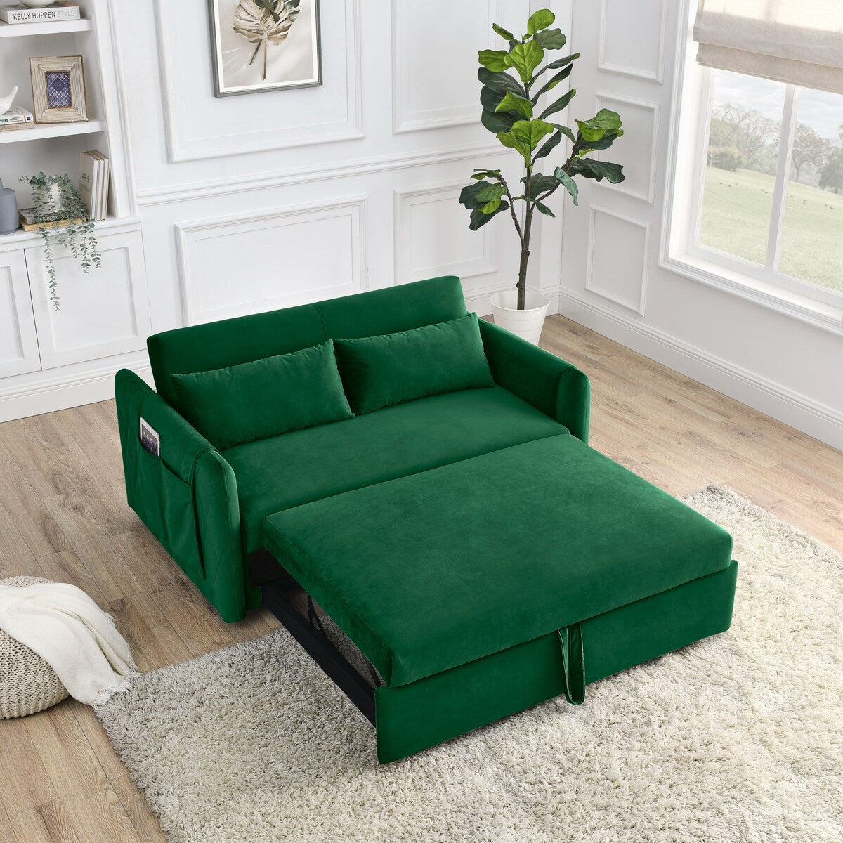 55"W Velvet Loveseat Sofa Bed with Pockets, Adjustable Backrest