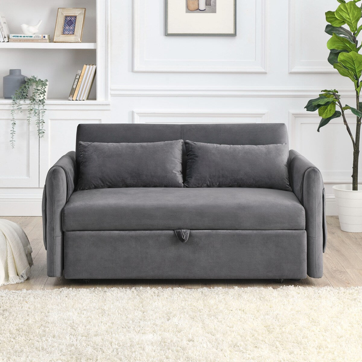 55"W Velvet Loveseat Sofa Bed with Pockets, Adjustable Backrest