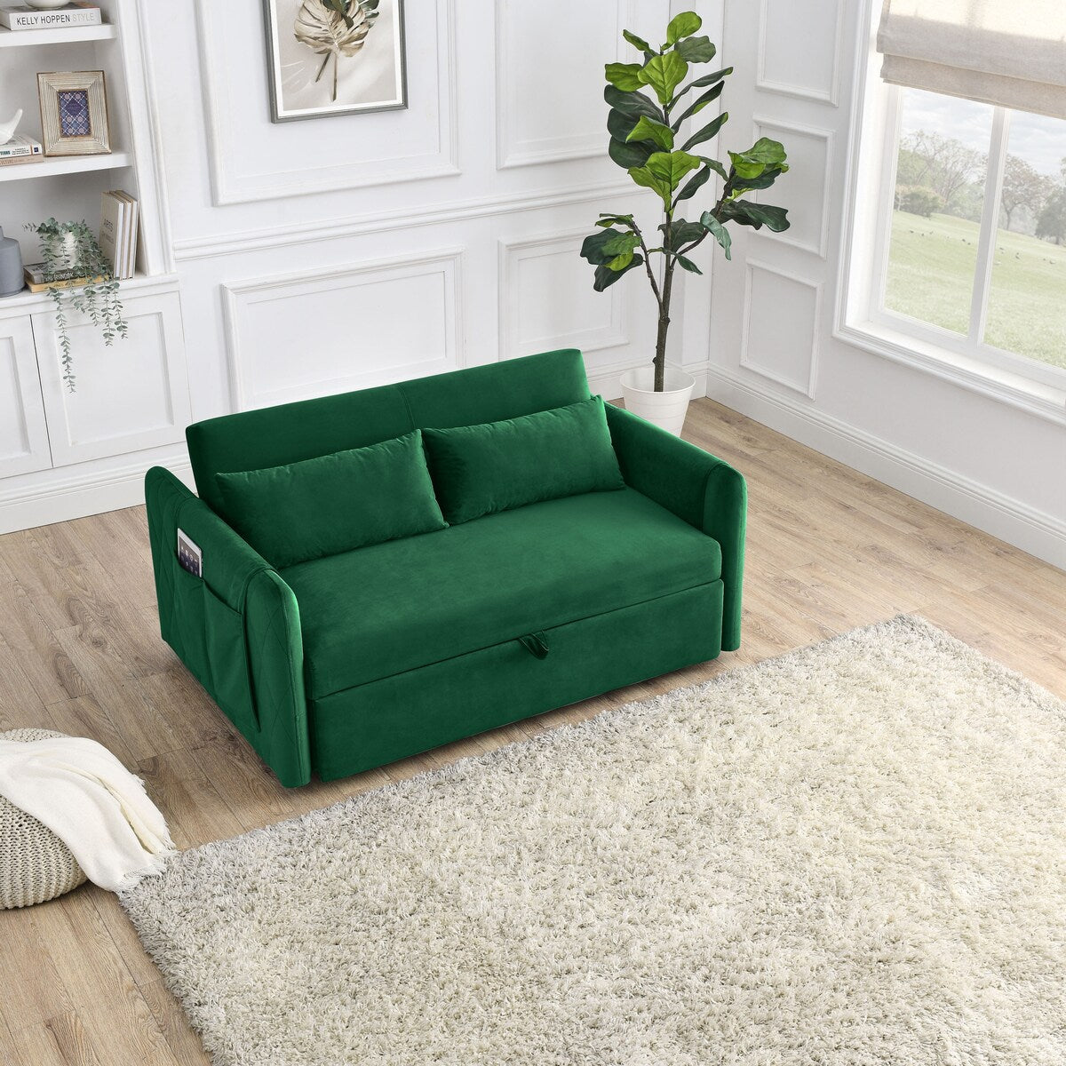 55"W Velvet Loveseat Sofa Bed with Pockets, Adjustable Backrest