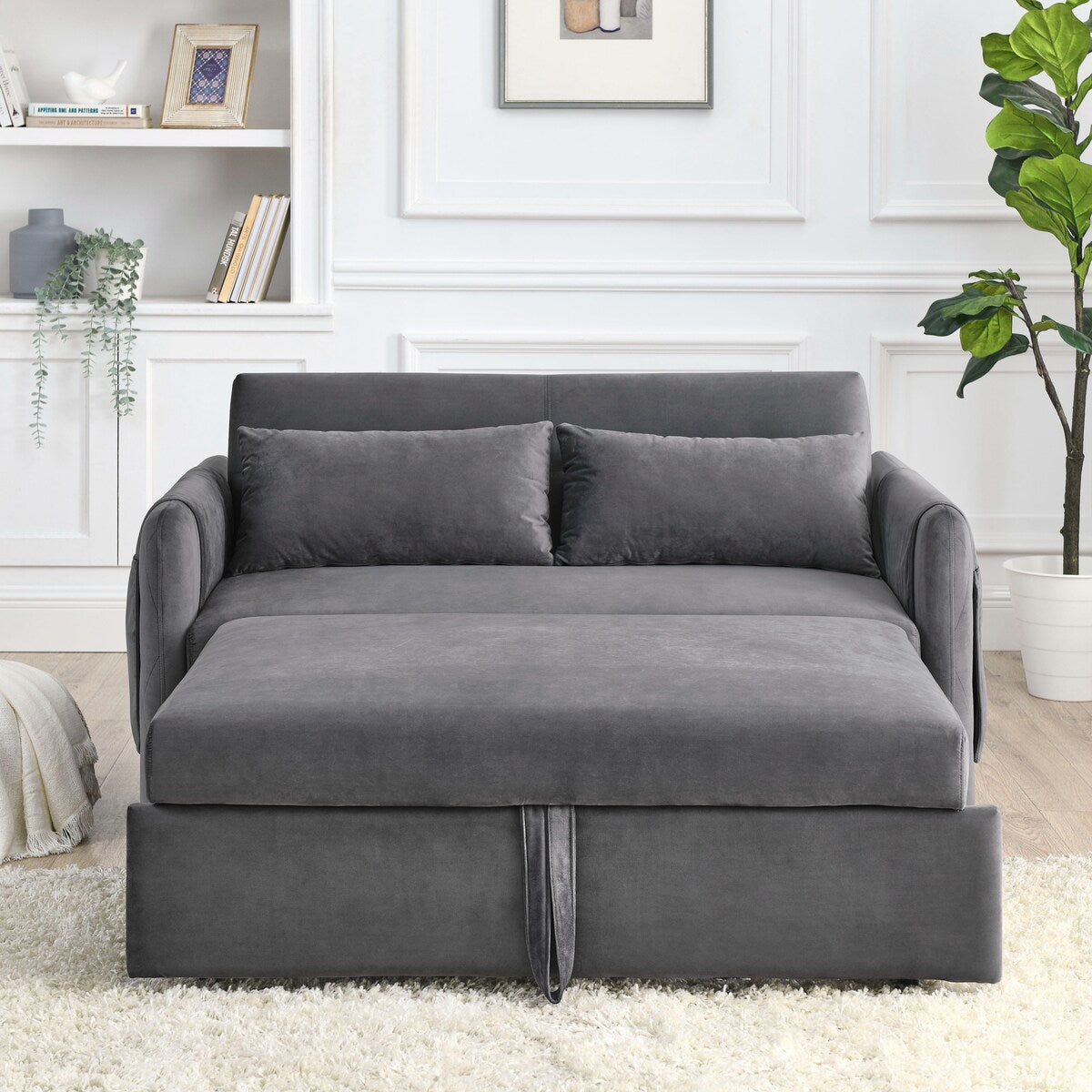 55"W Velvet Loveseat Sofa Bed with Pockets, Adjustable Backrest