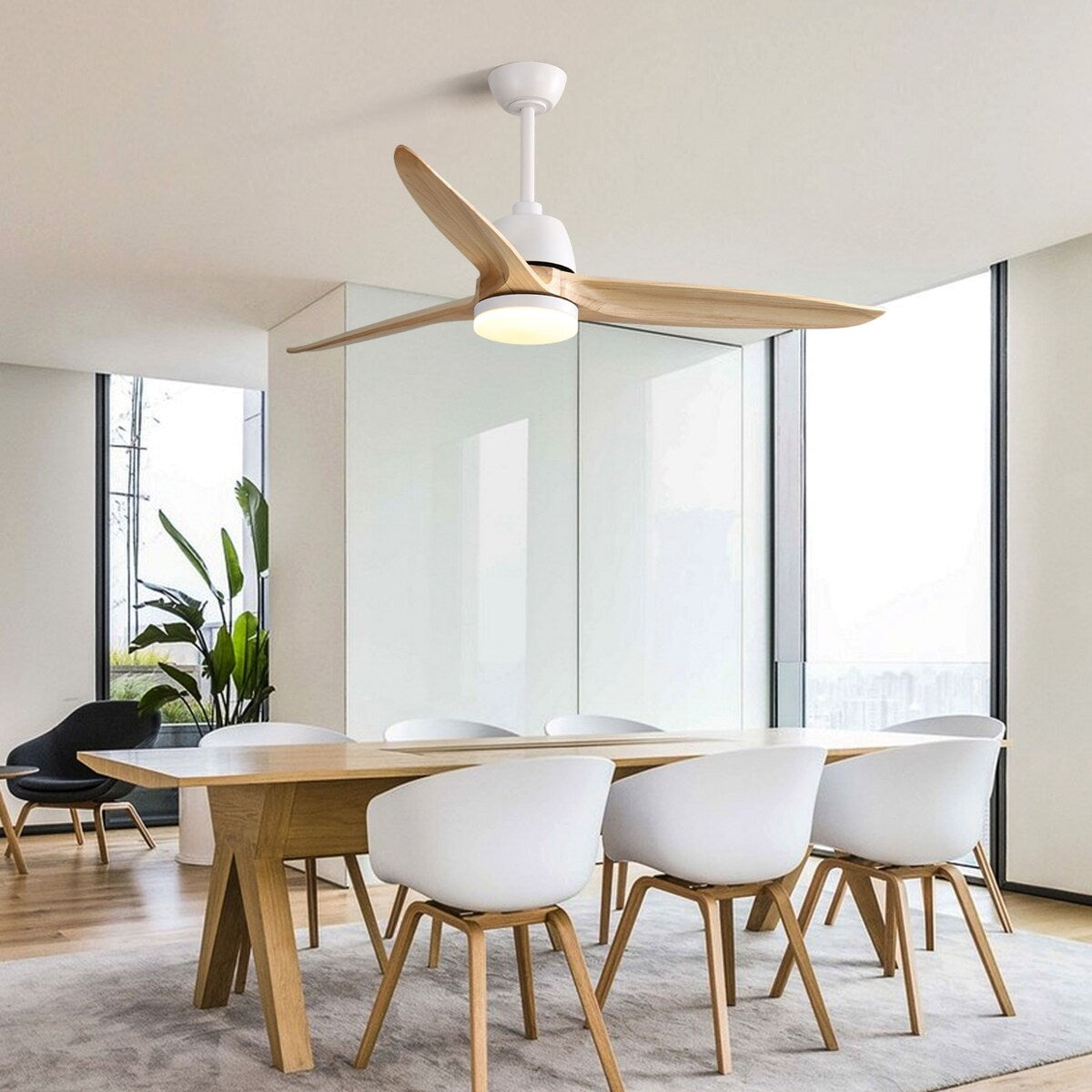 56 Inch Solid Wood White Ceiling Fan with Light and Remote