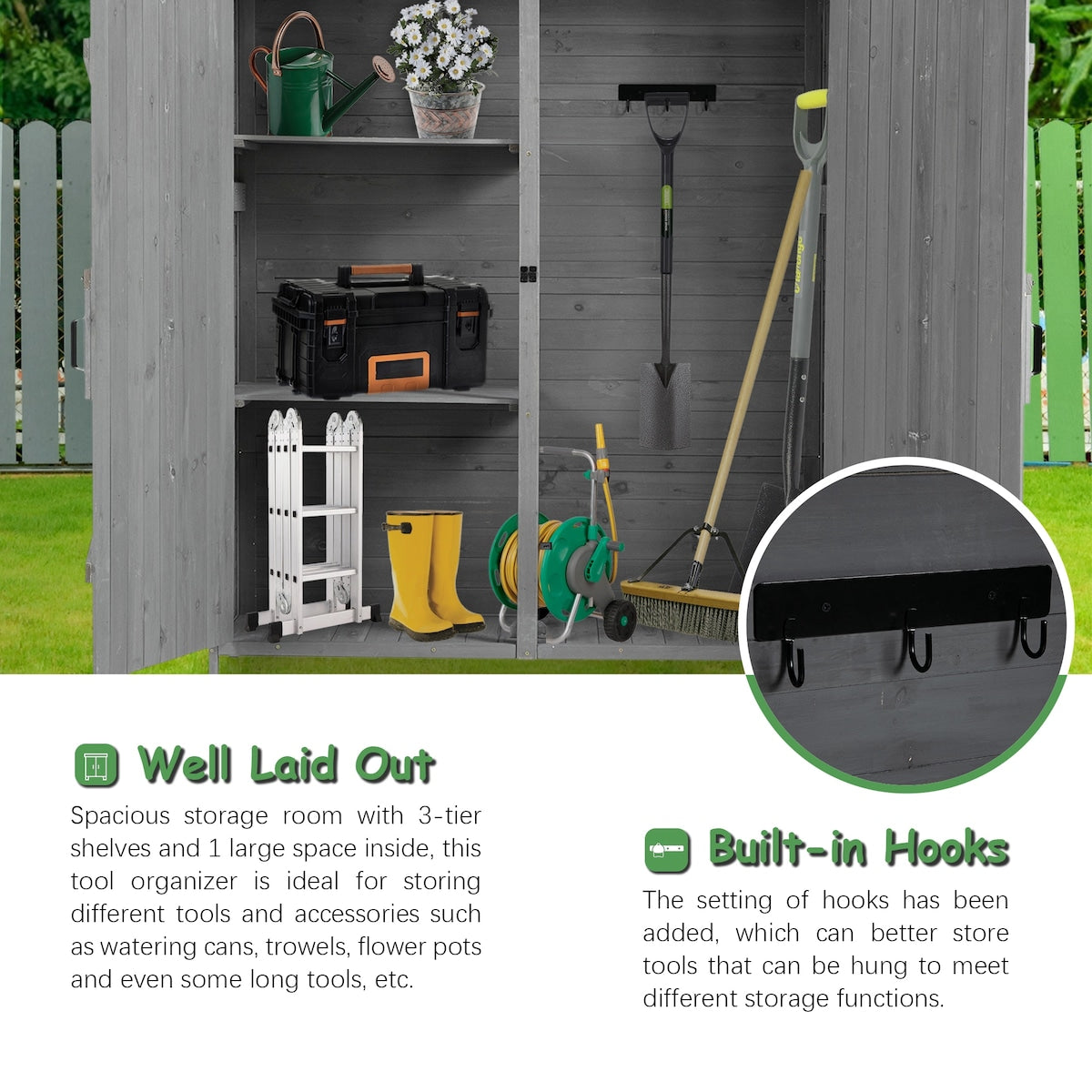 56"L x 19.5"W x 64"H Outdoor Storage Shed with Lockable Door, Wooden Tool Storage Shed w/Detachable Shelves & Pitch Roof
