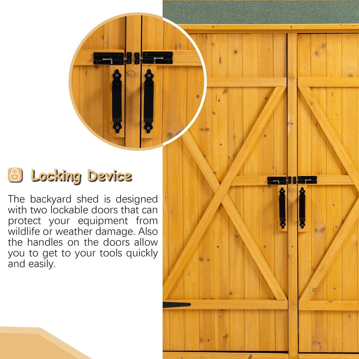 56"L x 19.5"W x 64"H Outdoor Storage Shed with Lockable Door, Wooden Tool Storage Shed w/Detachable Shelves & Pitch Roof