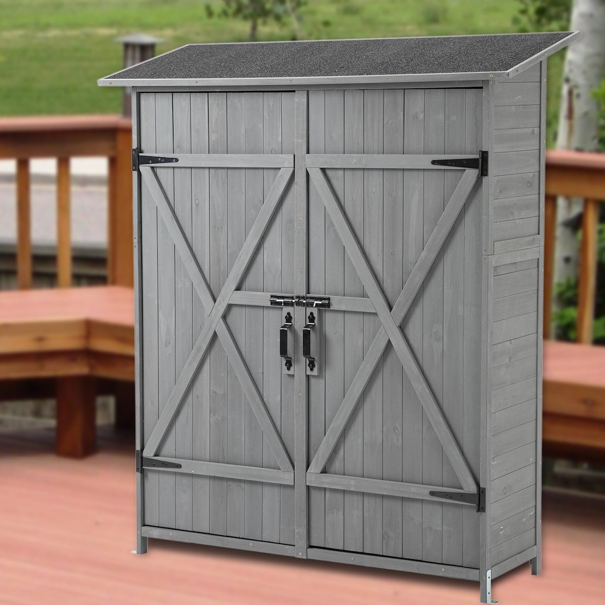 56"L x 19.5"W x 64"H Outdoor Storage Shed with Lockable Door, Wooden Tool Storage Shed w/Detachable Shelves & Pitch Roof