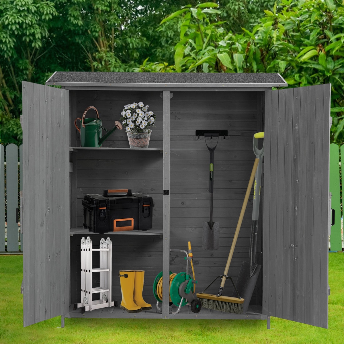56"L x 19.5"W x 64"H Outdoor Storage Shed with Lockable Door, Wooden Tool Storage Shed w/Detachable Shelves & Pitch Roof