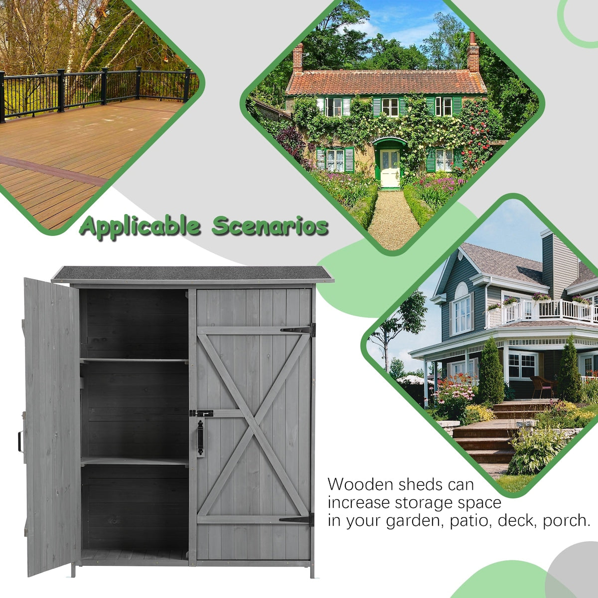 56"L x 19.5"W x 64"H Outdoor Storage Shed with Lockable Door, Wooden Tool Storage Shed w/Detachable Shelves & Pitch Roof