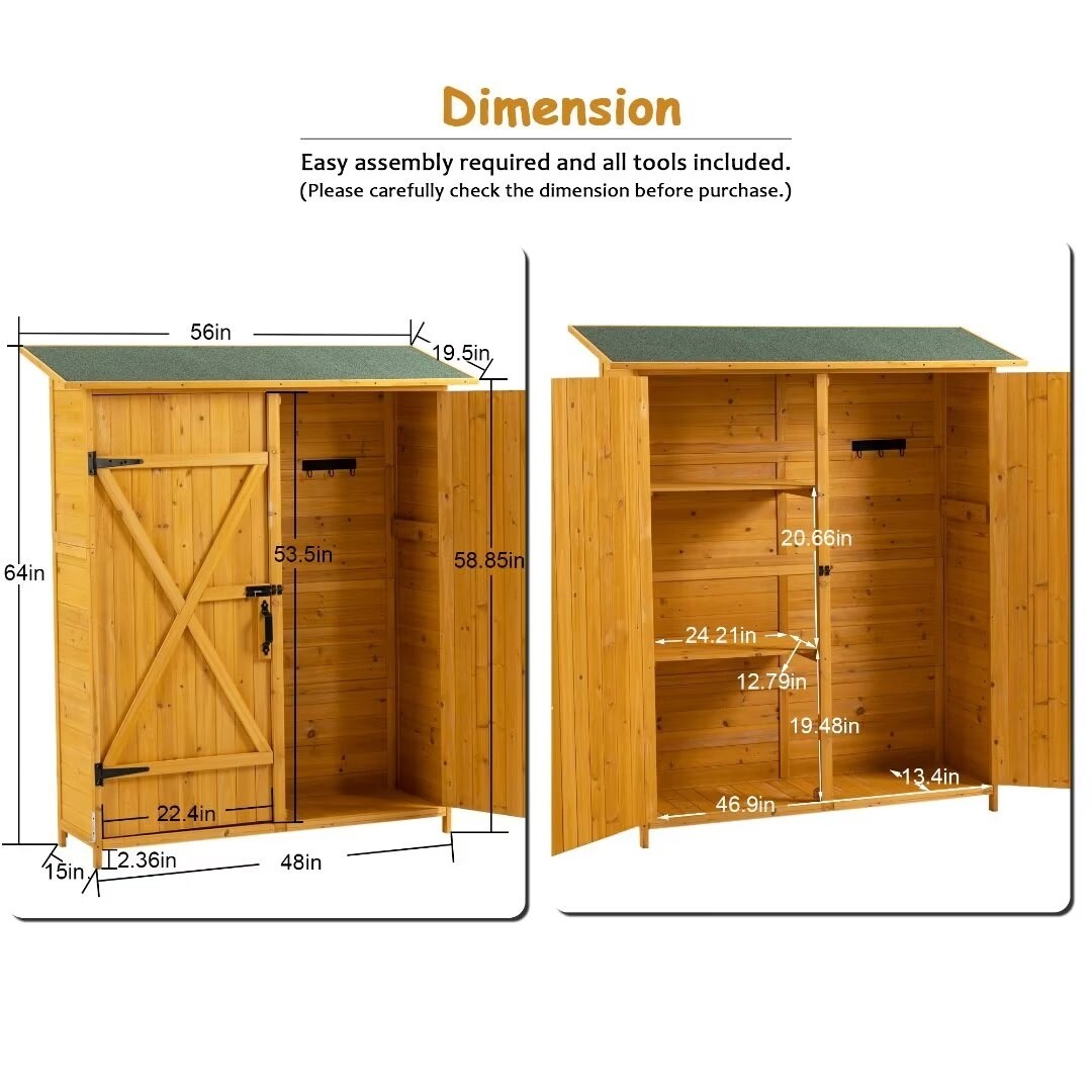 56"x19.5"x 64" Storage Shed with Lockable Door Tool Storage Detachable Shelves Pitch Roof