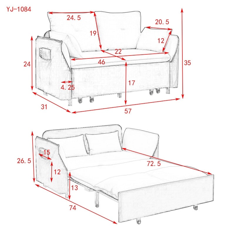 57" Modern Convertible Sofa Bed, Velvet Upholstered Loveseat Sofa