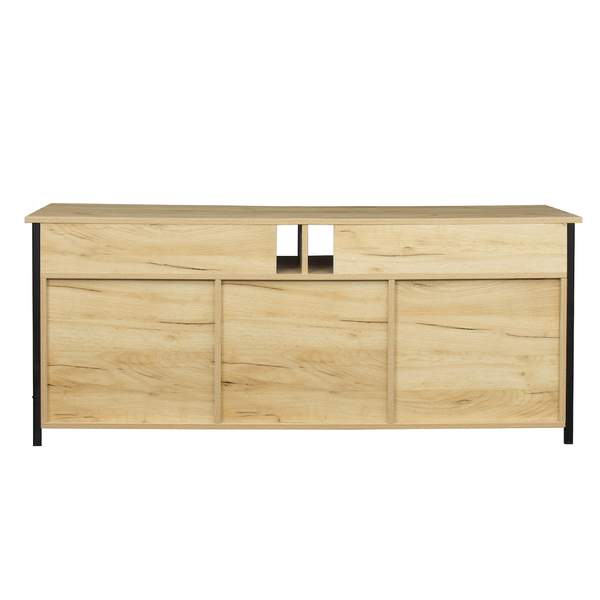 57'' Metal Frame Modern Wood Universal Media Console TV Stand with 3 Layer Open Shelves and 2 Metal Handled Storage Cabinet