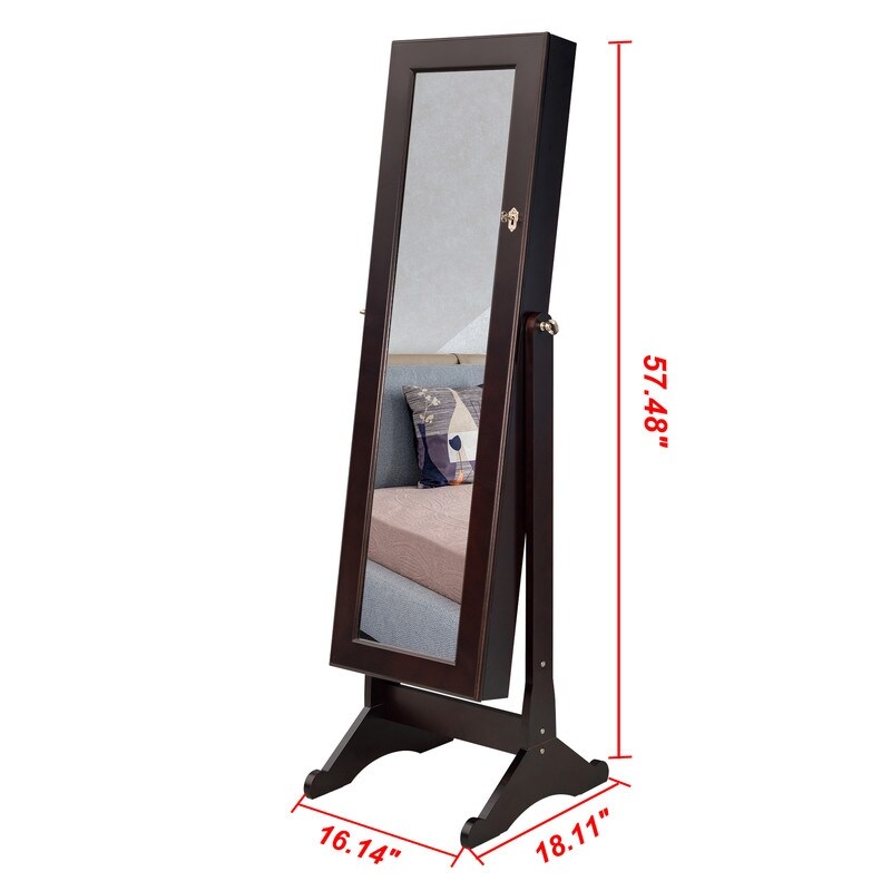 57''H Retro LED Mirror Cabinet Wood Flannel Jewelry Cabinet Armoire