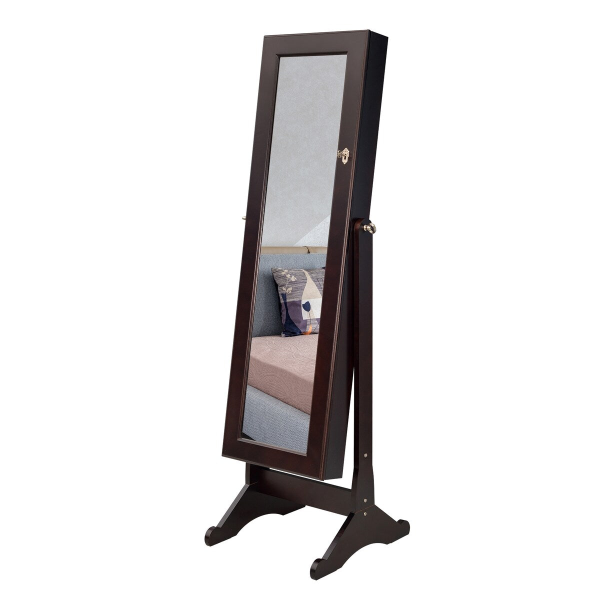 57''H Retro LED Mirror Cabinet Wood Flannel Jewelry Cabinet Armoire