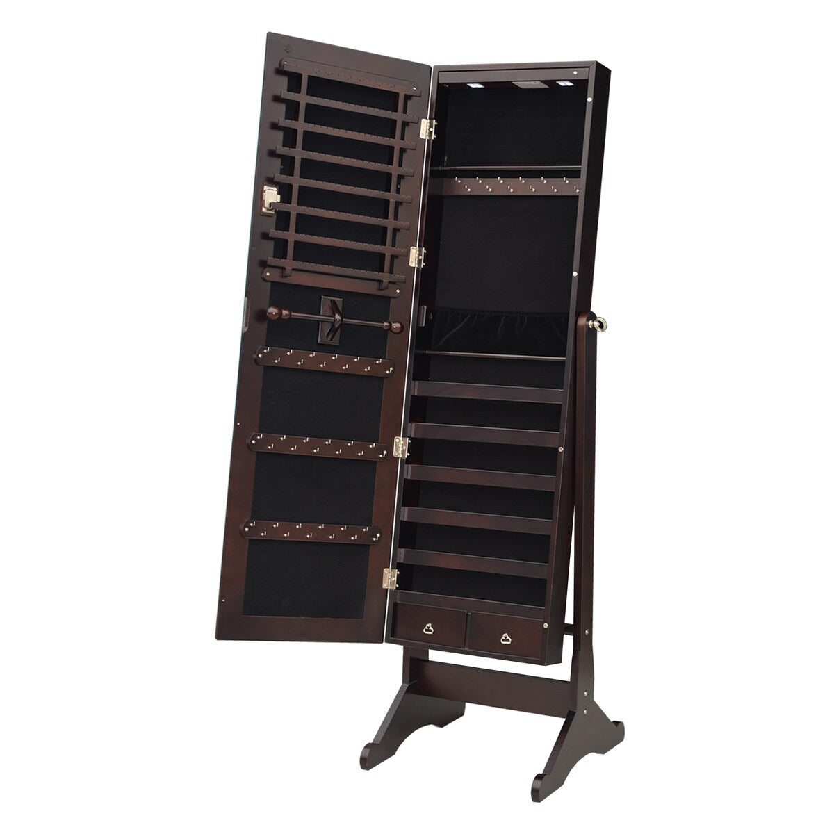 57''H Retro LED Mirror Cabinet Wood Flannel Jewelry Cabinet Armoire