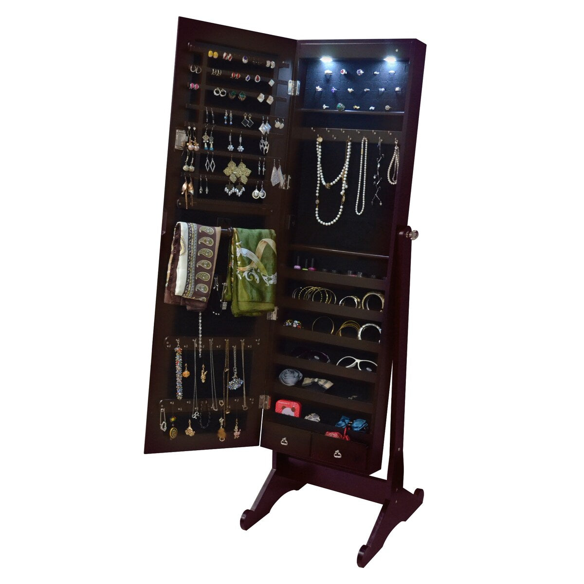 57''H Retro LED Mirror Cabinet Wood Flannel Jewelry Cabinet Armoire